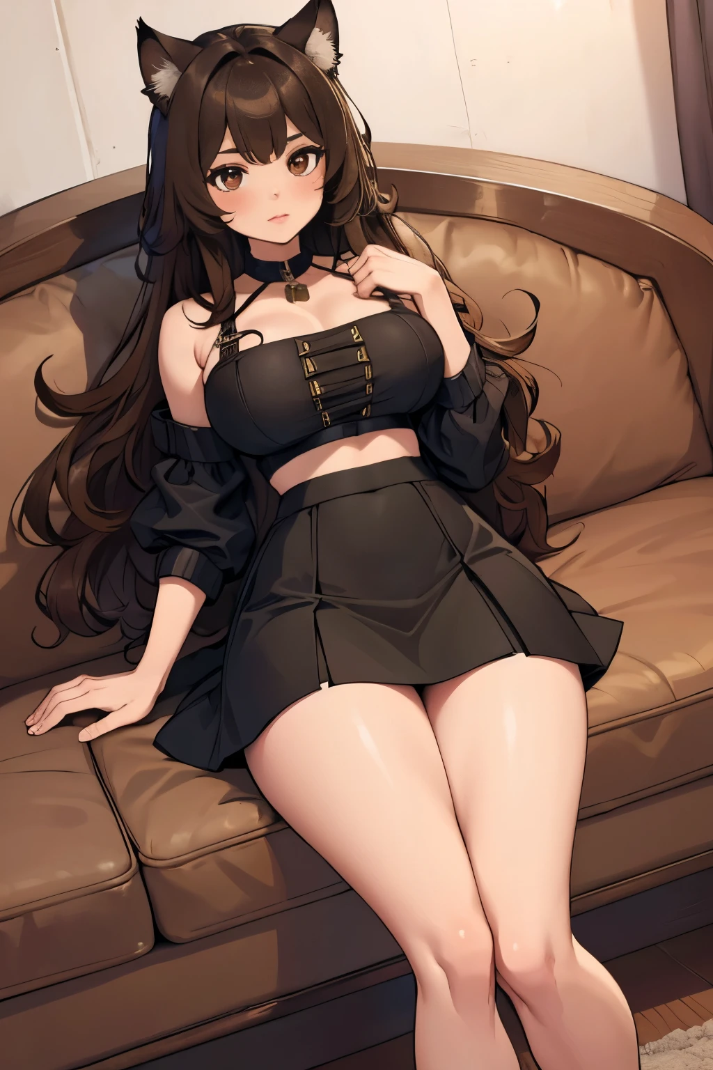 girl with large chest, long brown wavy hair, long bangs, brown eyes, full body, collar, cat ears, long brown wavy side bangs, black skirt and crop top