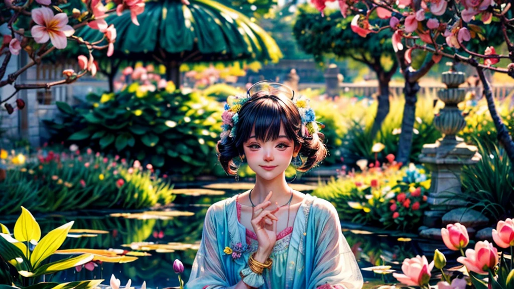 (best quality,4k,8k,highres,masterpiece:1.2),ultra-detailed,(realistic,photorealistic,photo-realistic:1.37),Monet style,beautiful garden,pond,girl.
Additional details:
- The girl is wearing a flowing dress, adorned with flowers and pastel colors.
- The garden is filled with vibrant flowers of various colors, including roses, tulips, and lilies.
- The pond is crystal clear, reflecting the vibrant colors of the surrounding flowers and trees.
- Sunlight filters through the trees, creating a dappled light effect on the girl and the garden.
- The girl is walking barefoot on a stone pathway that leads to the pond.
- Butterflies and dragonflies hover around the flowers, adding a sense of movement and life to the scene.
- The girl's face is lit up with a gentle smile, radiating serene happiness.
- In the distance, there is a small gazebo with blooming vines, providing a cozy and romantic atmosphere.
- The sky above is clear and blue, with fluffy white clouds scattered across the horizon.
Artistic style: Monet's Impressionist style adds a dreamy and ethereal quality to the scene, with soft brushstrokes and a focus on capturing the effects of light and color.
Color palette: Soft pastel hues dominate the scene, with shades of pink, purple, green, and blue. The colors are delicate and harmonious, creating a peaceful and tranquil ambiance.
Lighting: The scene is bathed in golden sunlight, casting warm and soft shadows on the ground. The dappled light filtering through the trees creates a magical and enchanting atmosphere.