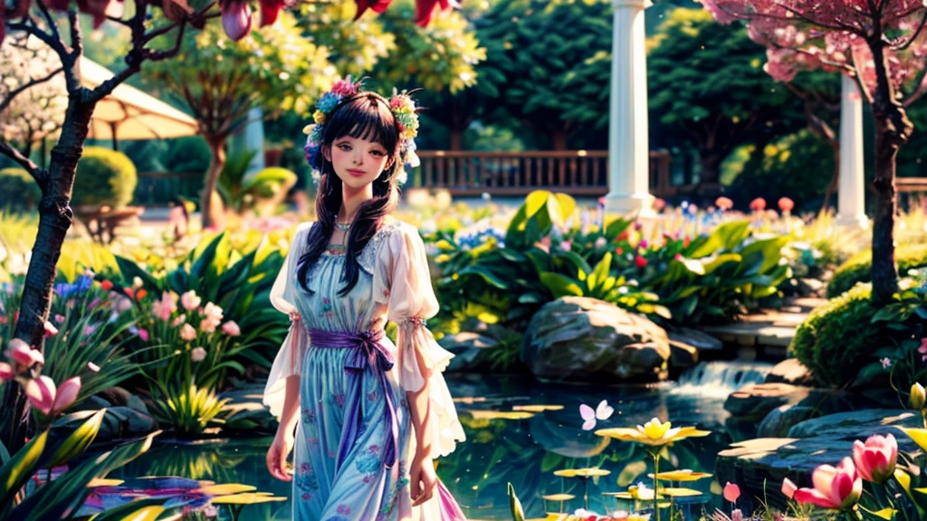 (best quality,4k,8k,highres,masterpiece:1.2),ultra-detailed,(realistic,photorealistic,photo-realistic:1.37),Monet style,beautiful garden,pond,girl.
Additional details:
- The girl is wearing a flowing dress, adorned with flowers and pastel colors.
- The garden is filled with vibrant flowers of various colors, including roses, tulips, and lilies.
- The pond is crystal clear, reflecting the vibrant colors of the surrounding flowers and trees.
- Sunlight filters through the trees, creating a dappled light effect on the girl and the garden.
- The girl is walking barefoot on a stone pathway that leads to the pond.
- Butterflies and dragonflies hover around the flowers, adding a sense of movement and life to the scene.
- The girl's face is lit up with a gentle smile, radiating serene happiness.
- In the distance, there is a small gazebo with blooming vines, providing a cozy and romantic atmosphere.
- The sky above is clear and blue, with fluffy white clouds scattered across the horizon.
Artistic style: Monet's Impressionist style adds a dreamy and ethereal quality to the scene, with soft brushstrokes and a focus on capturing the effects of light and color.
Color palette: Soft pastel hues dominate the scene, with shades of pink, purple, green, and blue. The colors are delicate and harmonious, creating a peaceful and tranquil ambiance.
Lighting: The scene is bathed in golden sunlight, casting warm and soft shadows on the ground. The dappled light filtering through the trees creates a magical and enchanting atmosphere.