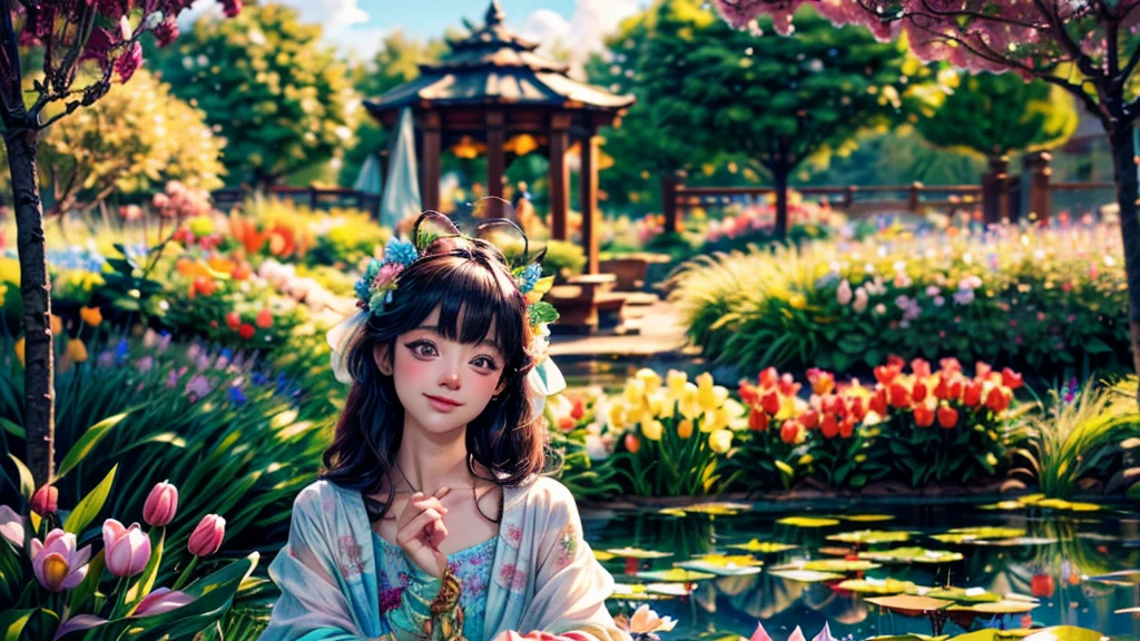 (best quality,4k,8k,highres,masterpiece:1.2),ultra-detailed,(realistic,photorealistic,photo-realistic:1.37),Monet style,beautiful garden,pond,girl.
Additional details:
- The girl is wearing a flowing dress, adorned with flowers and pastel colors.
- The garden is filled with vibrant flowers of various colors, including roses, tulips, and lilies.
- The pond is crystal clear, reflecting the vibrant colors of the surrounding flowers and trees.
- Sunlight filters through the trees, creating a dappled light effect on the girl and the garden.
- The girl is walking barefoot on a stone pathway that leads to the pond.
- Butterflies and dragonflies hover around the flowers, adding a sense of movement and life to the scene.
- The girl's face is lit up with a gentle smile, radiating serene happiness.
- In the distance, there is a small gazebo with blooming vines, providing a cozy and romantic atmosphere.
- The sky above is clear and blue, with fluffy white clouds scattered across the horizon.
Artistic style: Monet's Impressionist style adds a dreamy and ethereal quality to the scene, with soft brushstrokes and a focus on capturing the effects of light and color.
Color palette: Soft pastel hues dominate the scene, with shades of pink, purple, green, and blue. The colors are delicate and harmonious, creating a peaceful and tranquil ambiance.
Lighting: The scene is bathed in golden sunlight, casting warm and soft shadows on the ground. The dappled light filtering through the trees creates a magical and enchanting atmosphere.