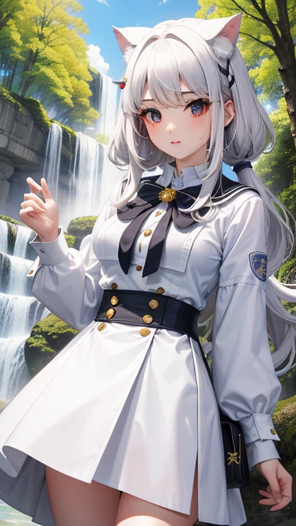 obra maestra, mejor calidad, bishoujo, alumno, pelo largo, pelo rubio, pelo entre los ojos, Pelo entre los senos, heart hair ornament, Hermosos ojos detallados, white tabs, Pechos grandes, Gato_orejas, muslos blancos, uniforme del monasterio de piedra mach,