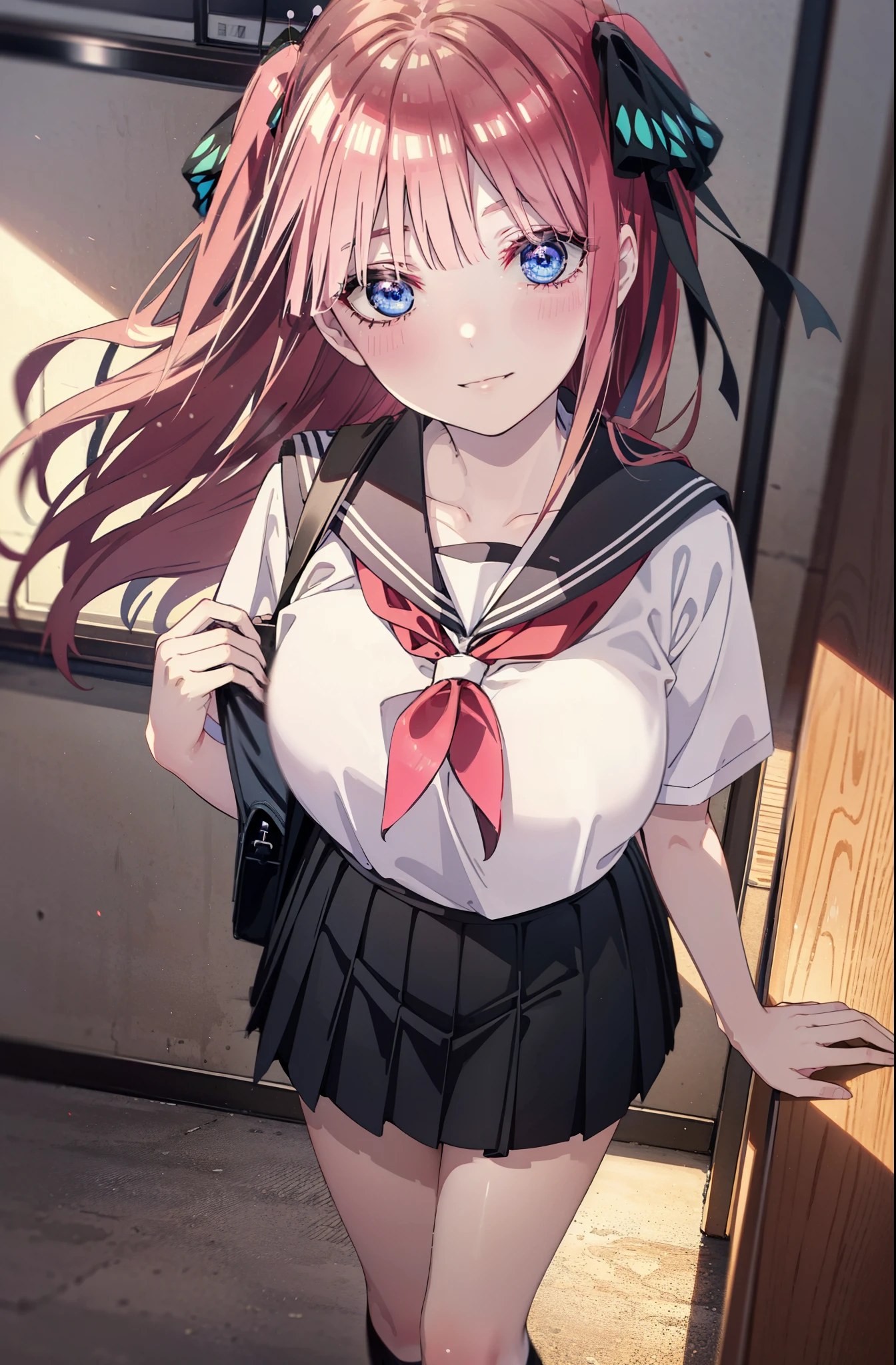 I was silent, nino nakano, Long Hair, bangs, blue eyes, hair ornaments, Hair Ribbon, Pink Hair, blunt bangs, Both sides up, butterfly hair ornaments,smile, Grin,Big Breasts,Japanese schoolgirl(Sailor suit),Short sleeve,Black pleated skirt,White loose socks,Brown Loafers,Daytime,Clear skies,whole bodyがイラストが入るように,Looking down from above,School bag,
break indoors, Coffee shop,
break looking at viewer, whole body,
break (masterpiece:1.2), highest quality, High resolution, unity 8k wallpaper, (shape:0.8), (Beautiful details:1.6), Highly detailed face, Perfect lighting, Extremely detailed CG, (Perfect hands, Perfect Anatomy),