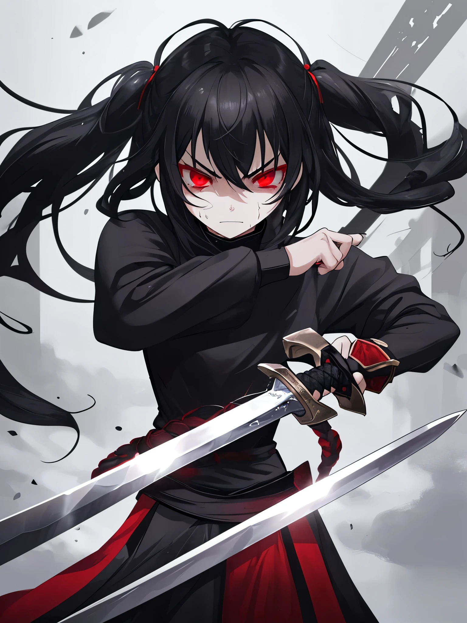 Facing a formidable opponent、Girl Holding a Sword、Holding the Sword、Black Hair、Red eyes、1 person、The Battle Begins、Bitter expression、glare、A small amount of sweat drips
