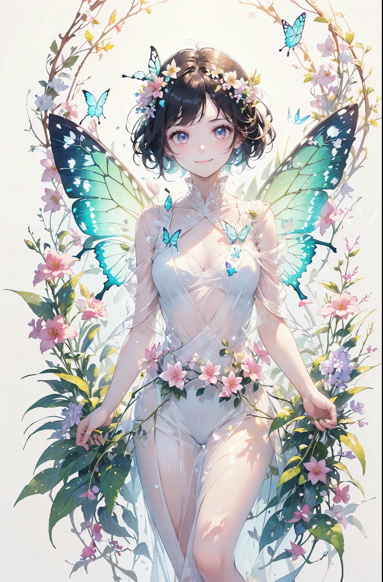 (masterpiece、highest quality、highest quality、Beautiful and beautiful:1.2)、(Good anatomy:1.5)、Drawing of a girl with straight short hair、Transparent butterfly costume、Adorable smile、looking at the camera、put flowers and leaves on your head、digitalis