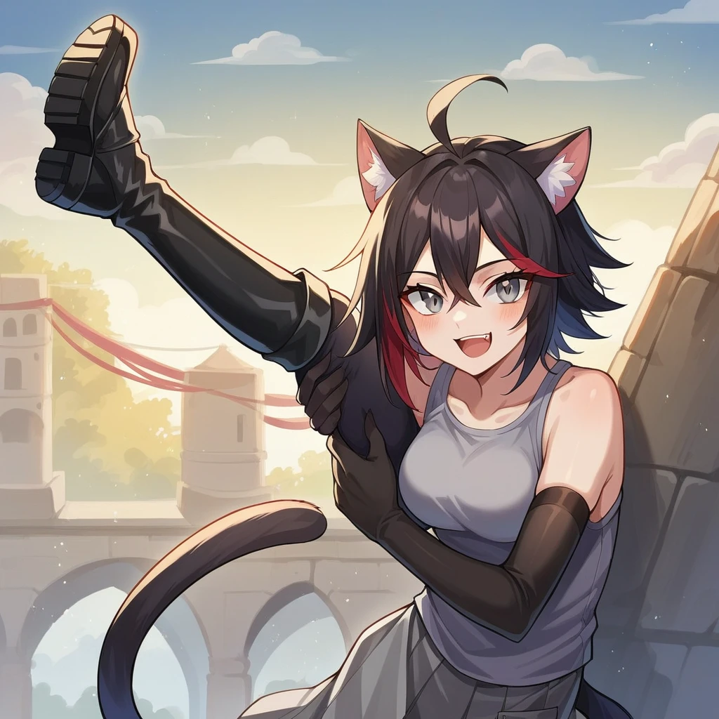 score_9, score_8_up, source_anime, masterpiece, best quality, BREAK 1girl, pale skin, cat ears, cat tail. grey shirt, grey skirt shorts, (black split-color hair:1.3), grey eyes, elbow gloves, boots, smile, rating_safe