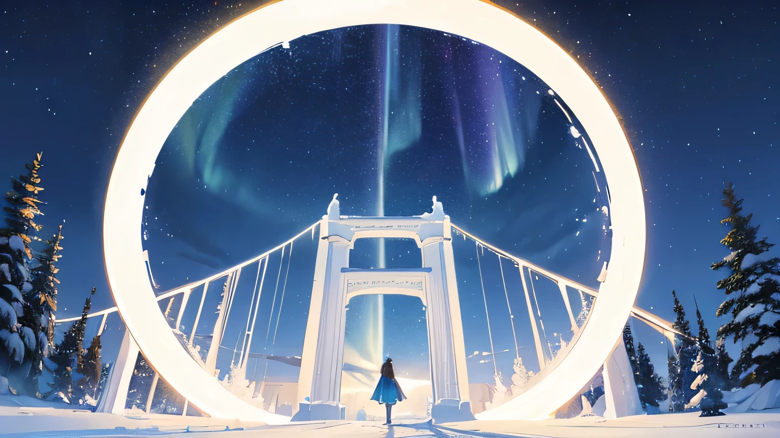 Book cover. A beautiful starry night view. There is an aurora. The place was snowy. White snow covers the trees and the ground. On the far right, there is a huge golden gate that is like a portal to another world. Golden door