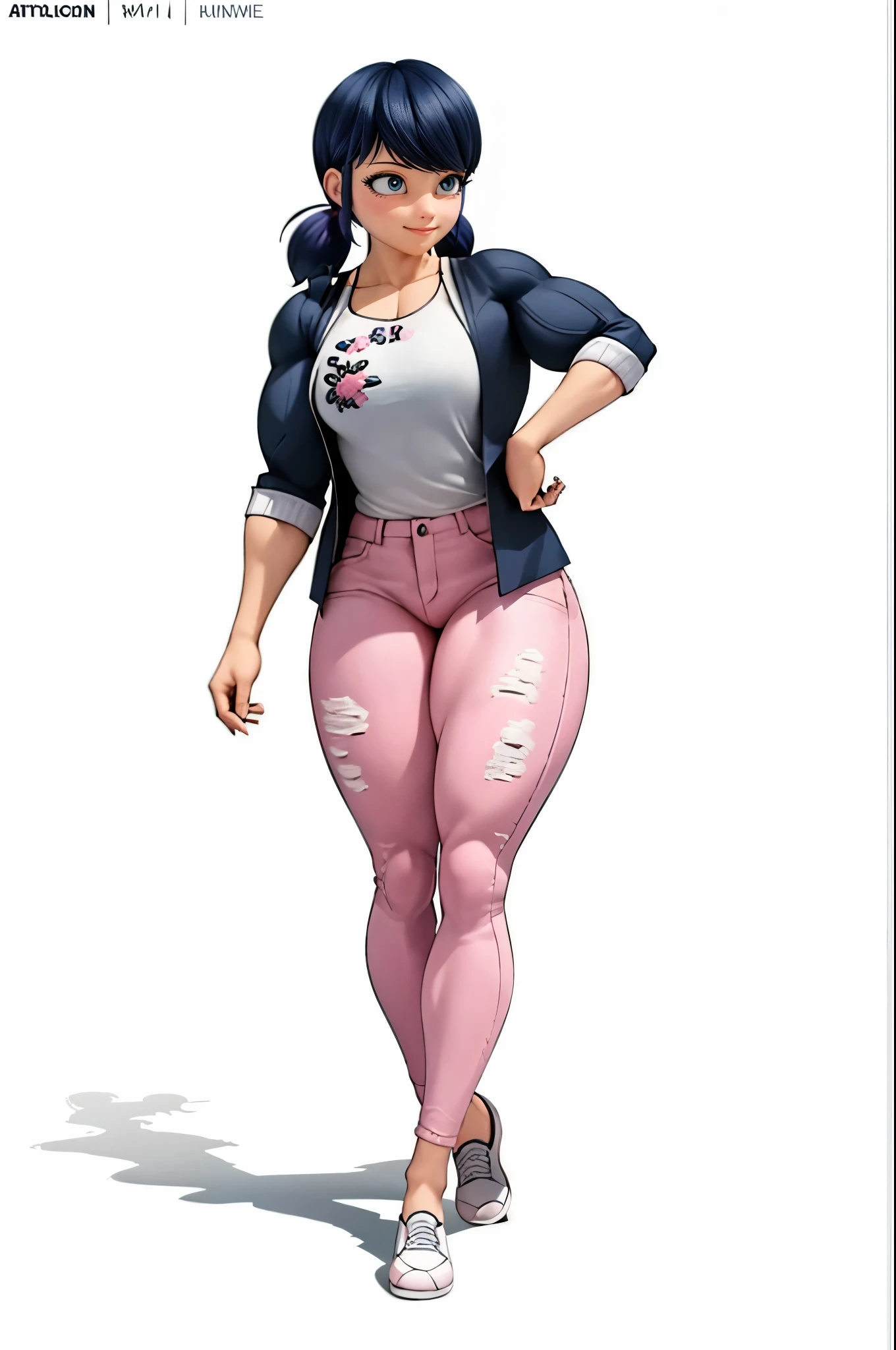 (big muscular female bodybuilder, beautiful detailed eyes, beautiful detailed lips:1.1,strong physique, two short pigtails, (smile), ( Marinette wears a white printed shirt ), ((( dark pink jean's , plane jean's, without pattern))) black jacket,, and ballet flats.), lifting weight, muscular arms and legs:1.2, toned abs, powerful expression,sweating:1.1, bed background:0.9, intense focus:1.1, vibrant colors, dramatic lighting), rippling muscles,sturdy frame,dark tan,fit around the waist,tight abs,strong arms and shoulders,intense expression,determined look,well-defined muscles and veins,straining muscles,artistic pose,steely gaze,side lighting,powerful presence,vivid colors,dynamic composition,studio lighting,physically-based rendering,athletic build,bodybuilding silhouette,professional,gritty texture,bokeh.