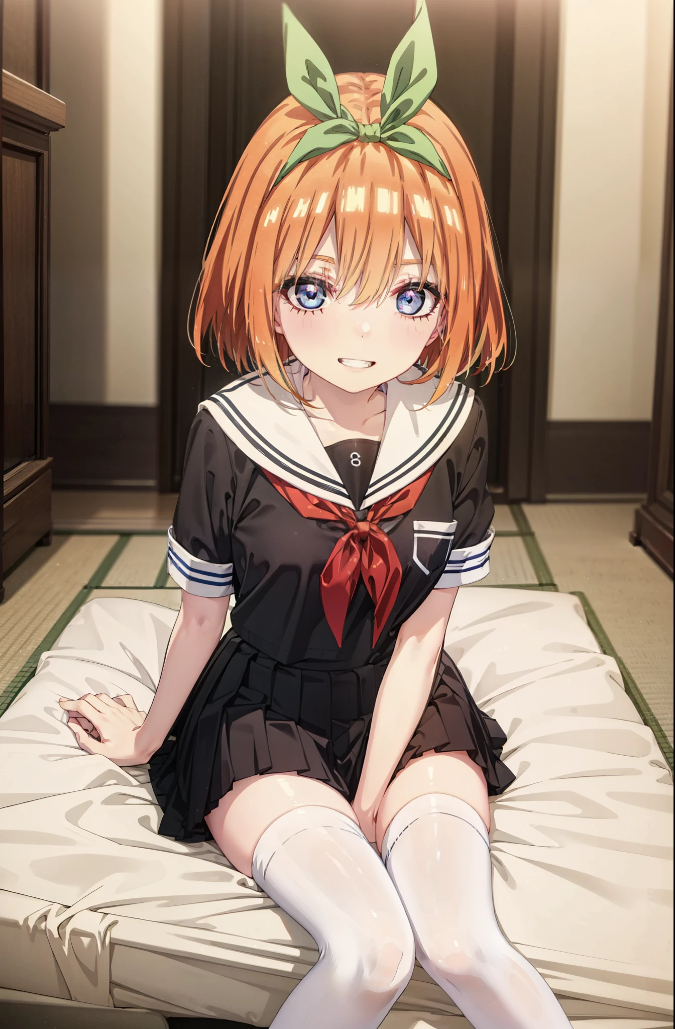 yotsubanakano, yotsuba nakano, bangs, short hair, blue eyes, Hair between the eyes, hair ribbon, hair band, Orange Hair, (Red ribbon:1.5), smile, Grin,Big Breasts,Japanese schoolgirl(Black Sailor Suit),Short sleeve,Black pleated skirt,White tights,Brown Loafers,Daytime,Clear skies,Sitting at a desk,whole bodyがイラストに入るように,Looking down from above,
break indoors, School,Big Breasts,
break looking at viewer, whole body,
break (masterpiece:1.2), highest quality, High resolution, unity 8k wallpaper, (shape:0.8), (Beautiful details:1.6), Highly detailed face, Perfect lighting, Extremely detailed CG, (Perfect hands, Perfect Anatomy),