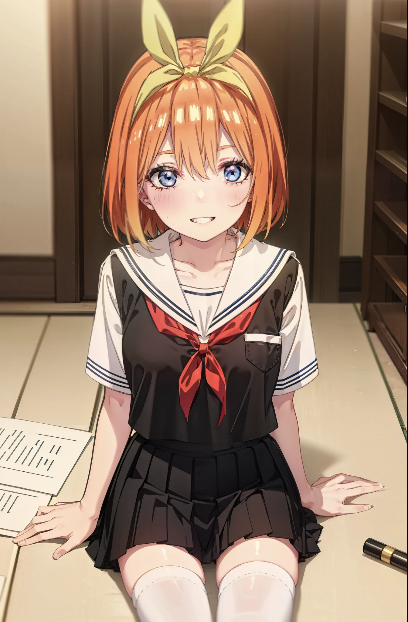 yotsubanakano, yotsuba nakano, bangs, short hair, blue eyes, Hair between the eyes, hair ribbon, hair band, Orange Hair, (Red ribbon:1.5), smile, Grin,Big Breasts,Japanese schoolgirl(Black Sailor Suit),Short sleeve,Black pleated skirt,White tights,Brown Loafers,Daytime,Clear skies,Sitting at a desk,whole bodyがイラストに入るように,Looking down from above,
break indoors, School,Big Breasts,
break looking at viewer, whole body,
break (masterpiece:1.2), highest quality, High resolution, unity 8k wallpaper, (shape:0.8), (Beautiful details:1.6), Highly detailed face, Perfect lighting, Extremely detailed CG, (Perfect hands, Perfect Anatomy),