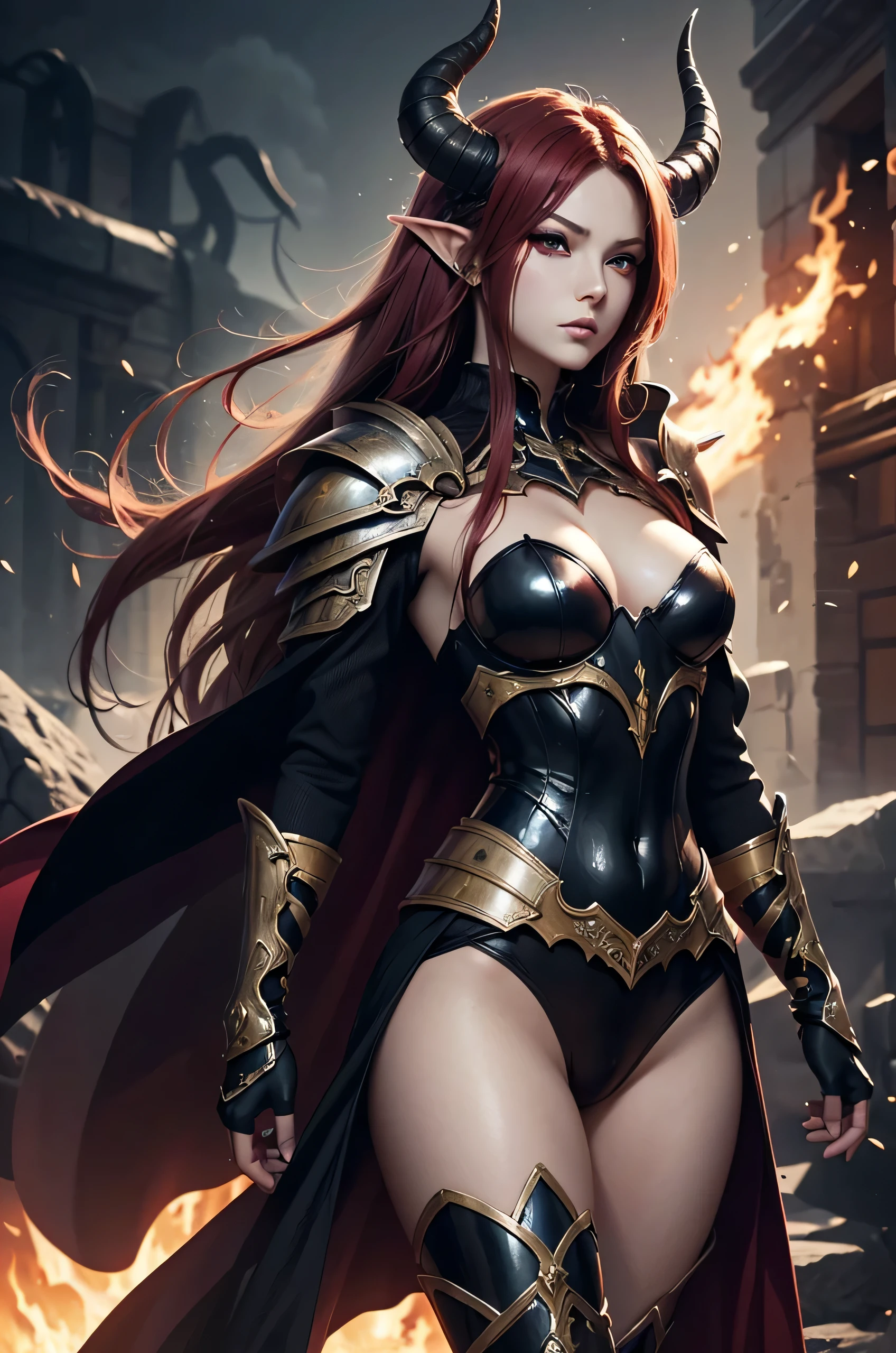Burning landscape with running lava there standing beatiful female hell knight, she have pale skin long red hair pair of long flaming horns, pointy ears with piercing and seductive make up , she dressed in sexy black plate armor with burning pieces, and melting sword in her hand, (ultra high quality fantasy art, dafk fantasy style, masterpiece, ultra highquality character design, 8k quality anime art, realistic anime art, top quality wallpaper illustration, detailed ultra high quality acurate face, highquality design and acurate physic)