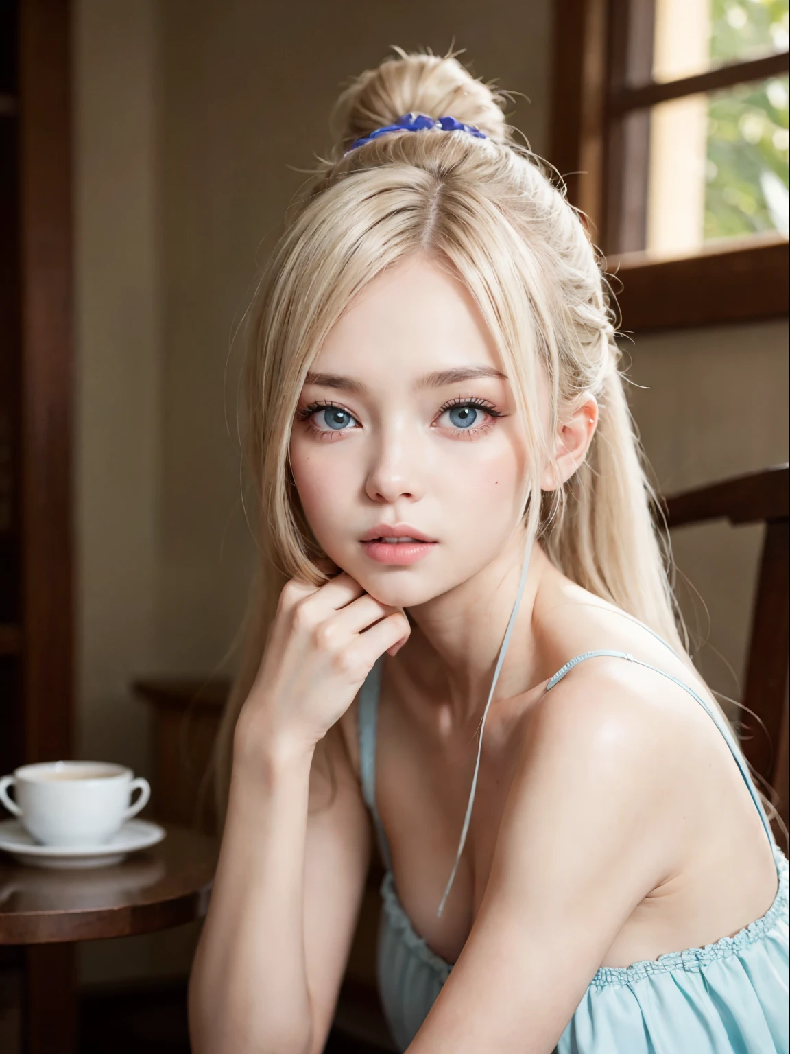 Bright expression、Photorealism、highest quality、超A high resolution、picture、Photos of the most beautiful Scandinavian anorexic girls、A cute and beautiful face down to the last detail、Small Face、(Purelos Face_v1:0.008)、Beautiful Bangs、Alice in Wonderland、、Glowing White Skin、ponytail、Bangs on the face、Bans、Hair between the eyes、Super long hair、Glamorous light platinum blonde super long silky hair、Beautiful bright transparent light blue big eyes that are charming and shining、、、eyeliner、double eyelid、Sitting on a chair,Completely naked