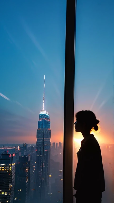 Skyscraper silhouette、Xu々The sky brightenorning Glow。