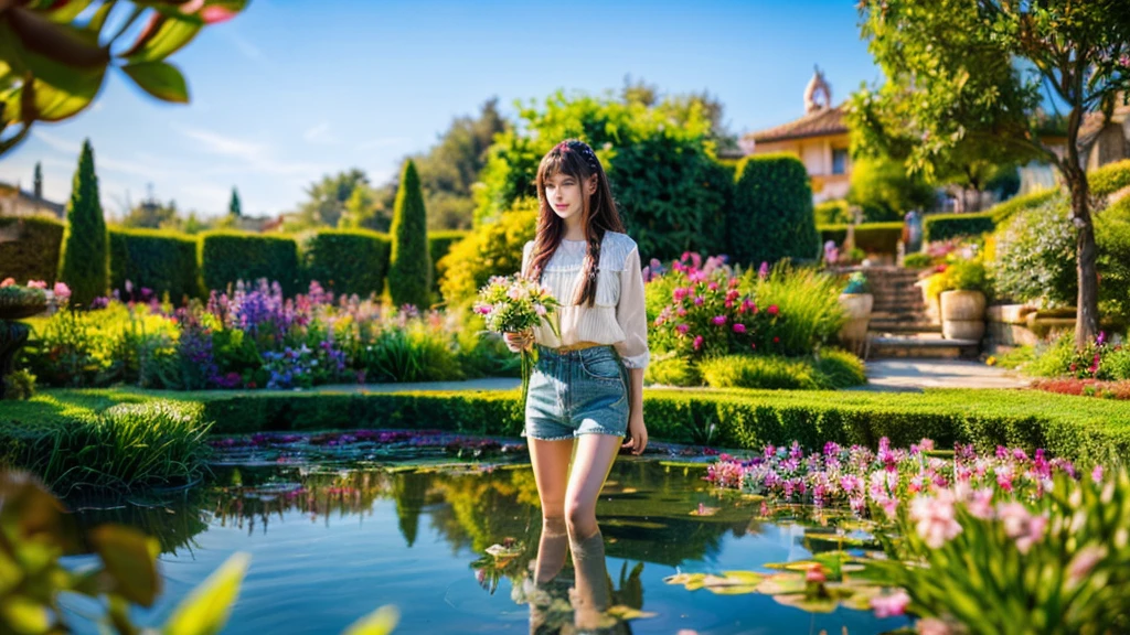 (best quality,4k,8k,highres,masterpiece:1.2),ultra-detailed,(realistic,photorealistic,photo-realistic:1.37),Monet-style, beautiful garden, pond, girl
