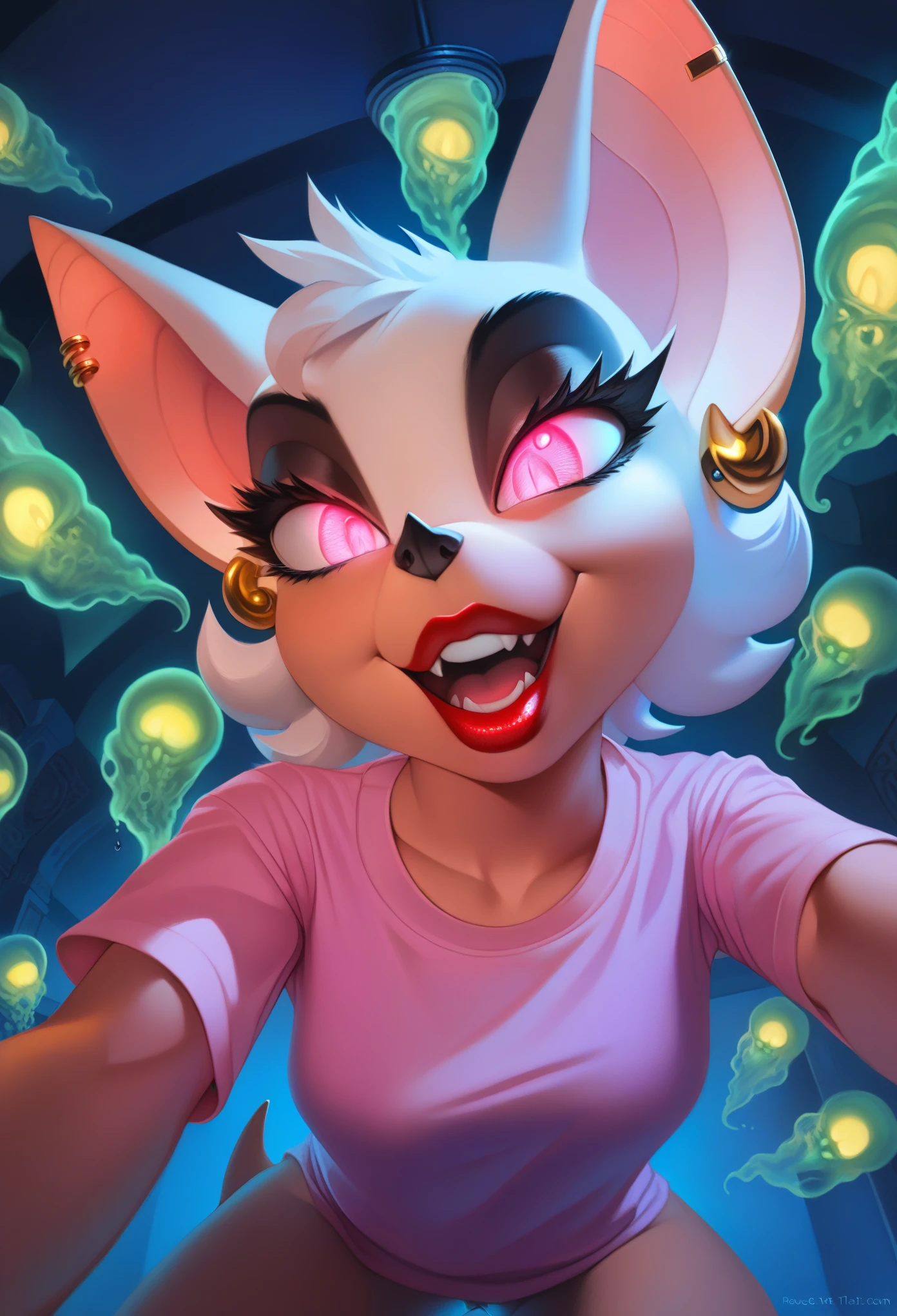 high resolution, hyper detailed, Masterpiece, high quality, studio quality, intricate details, 
rouge the bat, anthro, 
(earrings), beautiful face, beautiful eyes, (slutty red lips:1.2), 
(pov from below:1.1), (glowing pink eyes:1.1), (pink t-shirt:1.2), open mouth, (surrounded by glowing blue ectoplasm:1.2), (glowing yellow:1.3),, nsfw, nude, small breasts, pussy