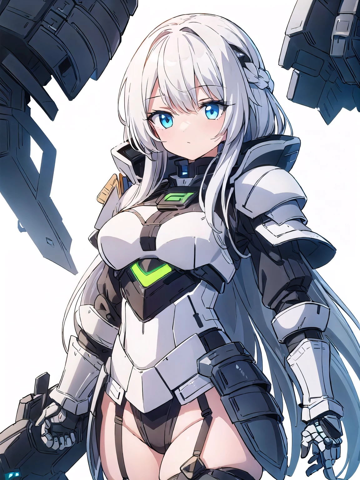 (girl eyes long hair), (futuristic:1.1), (armored high_leg:1.5), (white background:1.5), (solo)