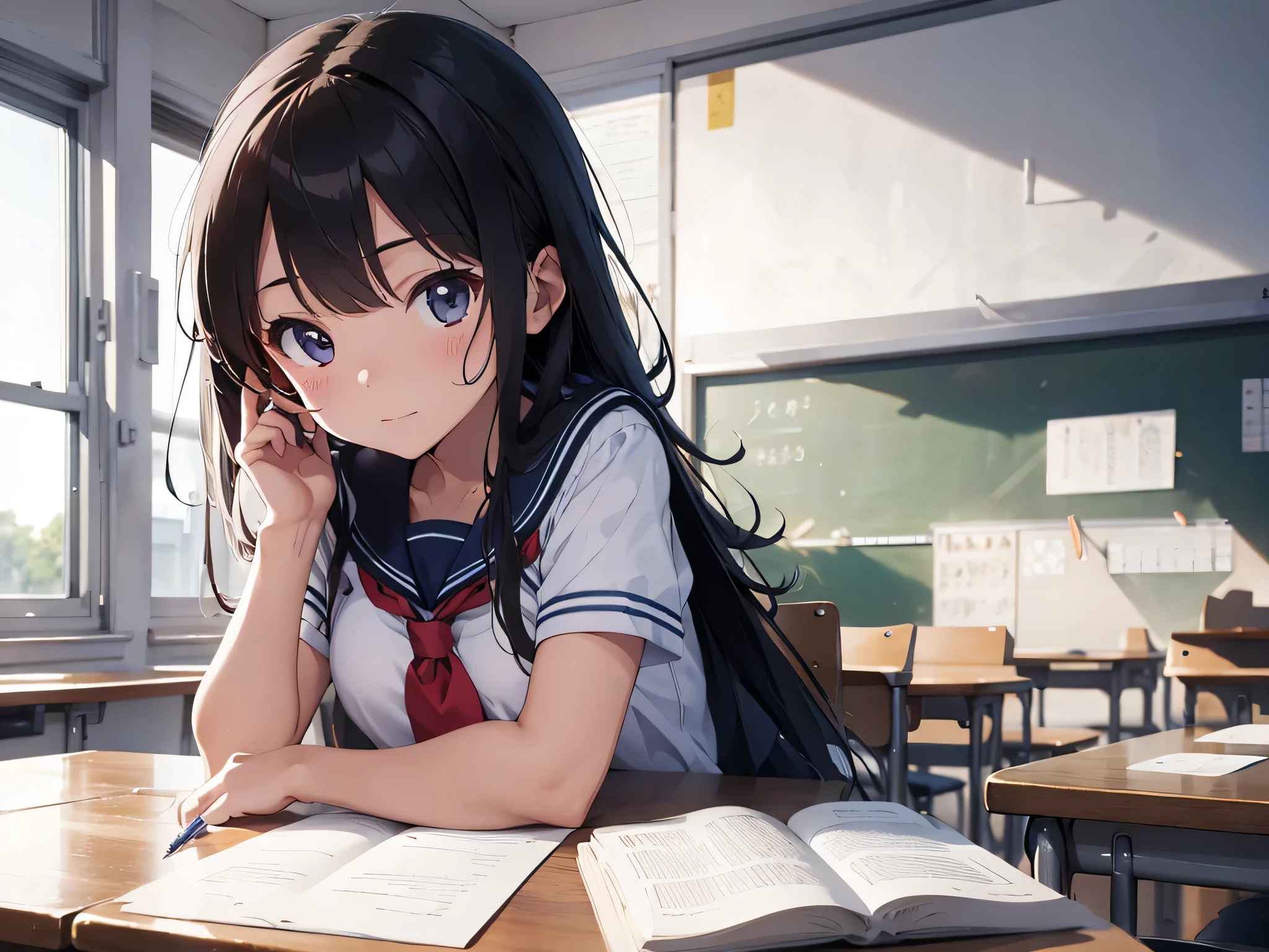 Open book, pen,hand, An illustration，Close-up screen，Classroom Background,pretty girl,Sailor suit