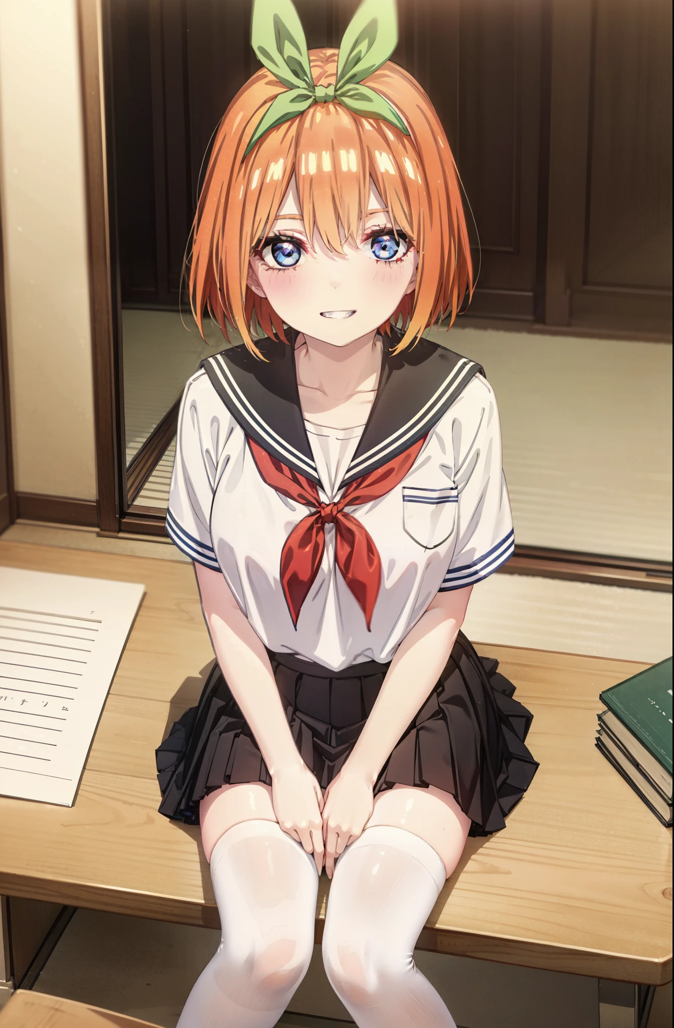 yotsubanakano, yotsuba nakano, bangs, short hair, blue eyes, Hair between the eyes, hair ribbon, hair band, Orange Hair, (Red ribbon:1.5), smile, Grin,Big Breasts,Japanese schoolgirl(Black Sailor Suit),Short sleeve,Black pleated skirt,White tights,Brown Loafers,Daytime,Clear skies,Sitting at a desk,whole bodyがイラストに入るように,Looking down from above,
break indoors, School,Big Breasts,
break looking at viewer, whole body,
break (masterpiece:1.2), highest quality, High resolution, unity 8k wallpaper, (shape:0.8), (Beautiful details:1.6), Highly detailed face, Perfect lighting, Extremely detailed CG, (Perfect hands, Perfect Anatomy),