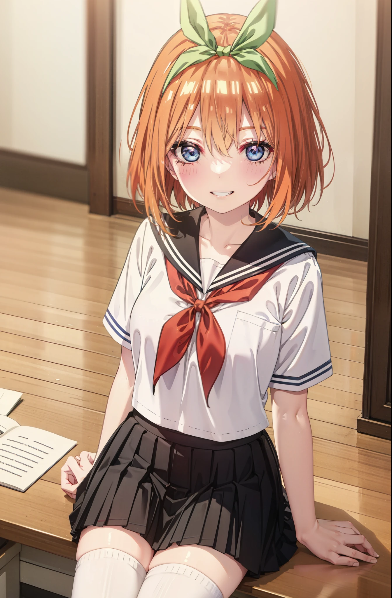 yotsubanakano, yotsuba nakano, bangs, short hair, blue eyes, Hair between the eyes, hair ribbon, hair band, Orange Hair, (Red ribbon:1.5), smile, Grin,Big Breasts,Japanese schoolgirl(Black Sailor Suit),Short sleeve,Black pleated skirt,White tights,Brown Loafers,Daytime,Clear skies,Sitting at a desk,whole bodyがイラストに入るように,Looking down from above,
break indoors, School,Big Breasts,
break looking at viewer, whole body,
break (masterpiece:1.2), highest quality, High resolution, unity 8k wallpaper, (shape:0.8), (Beautiful details:1.6), Highly detailed face, Perfect lighting, Extremely detailed CG, (Perfect hands, Perfect Anatomy),