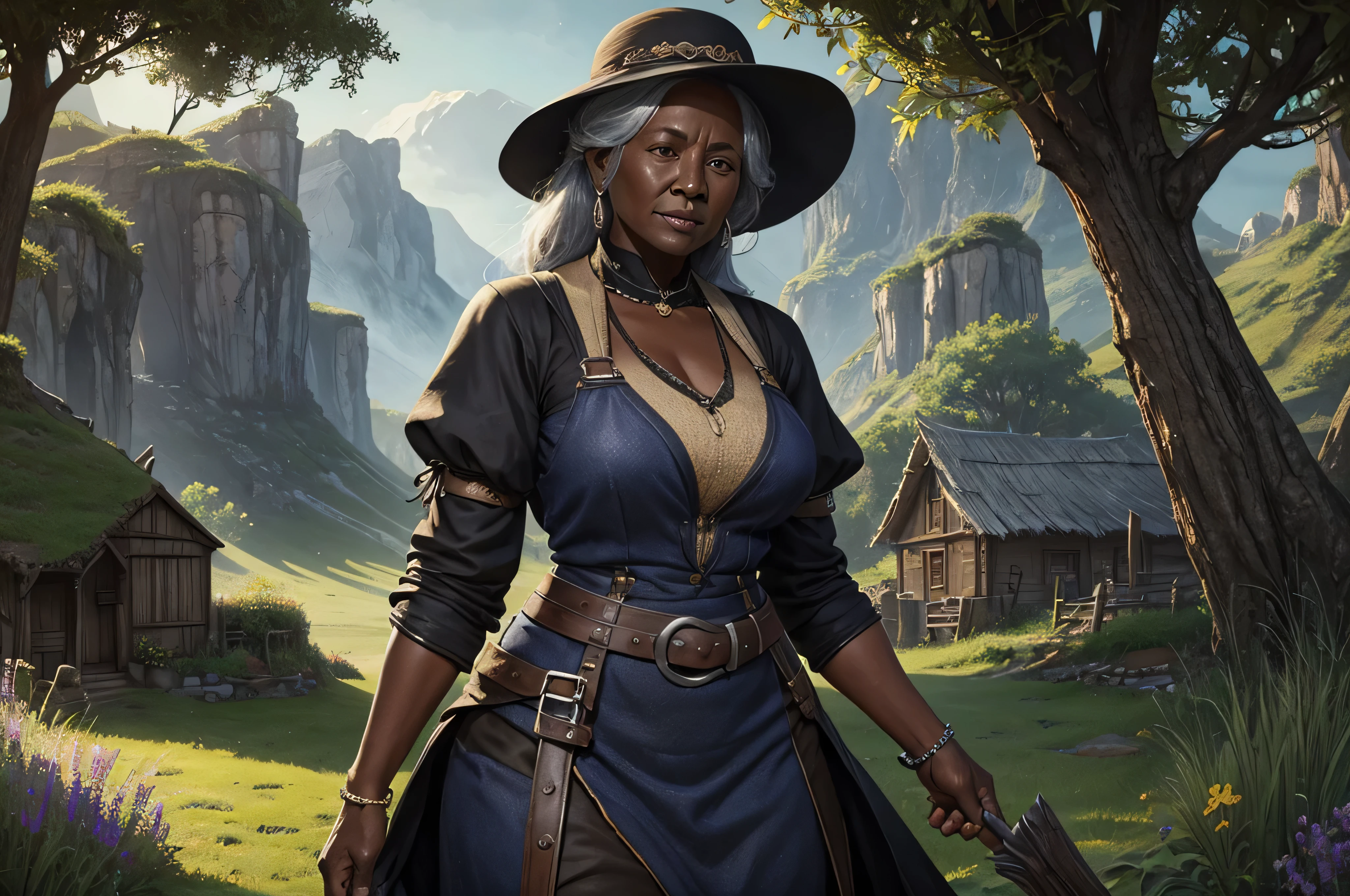 a very elderly woman with black skin and a curved body wearing farmer's clothes (digital art, fantasy art, RPG art)