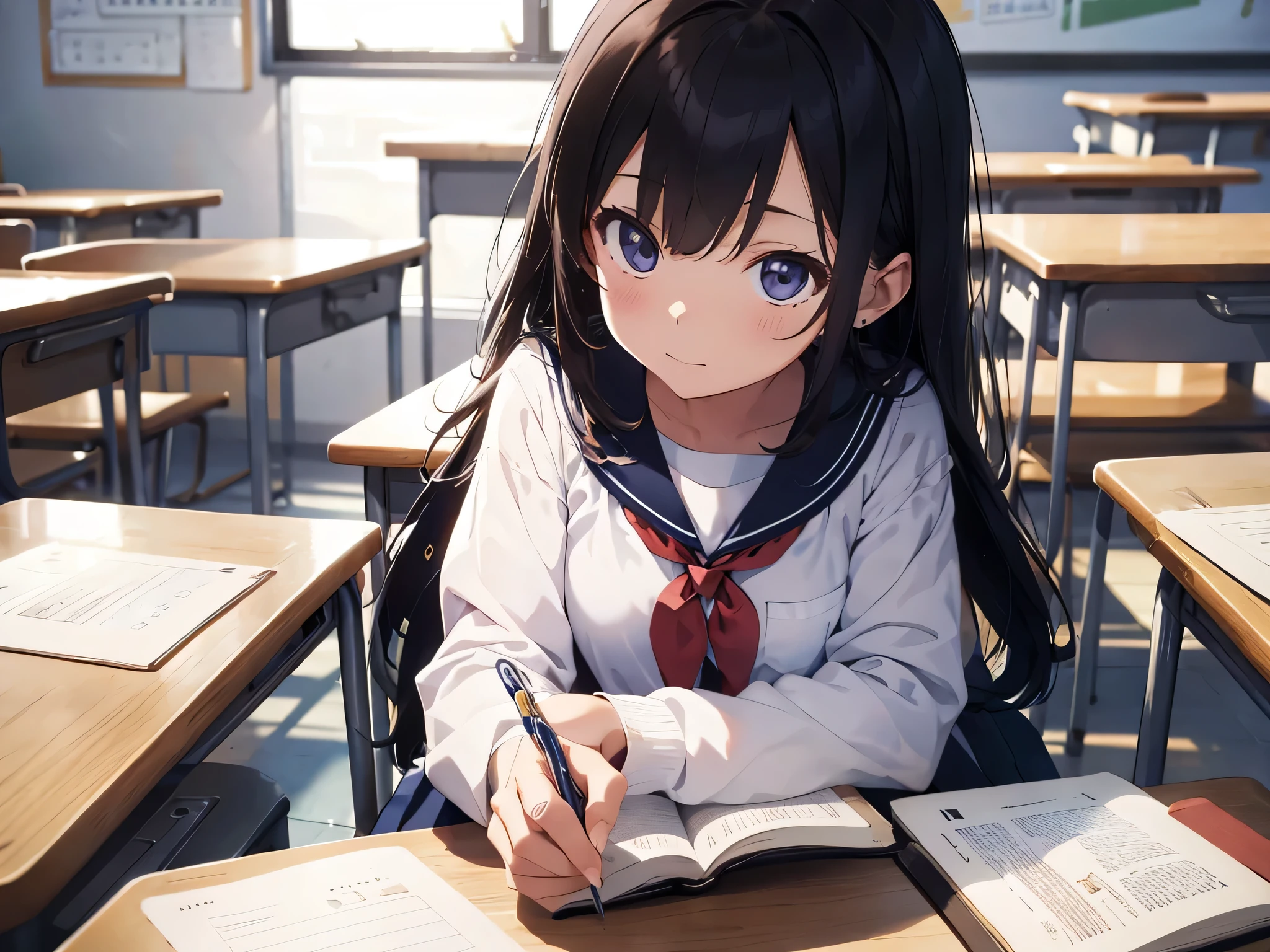 Open book, pen,hand, An illustration,Close-up screen,Classroom Background,pretty girl,Sailor suit