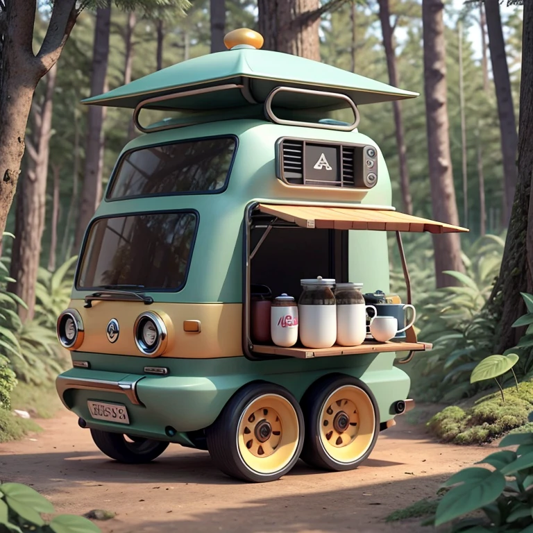 Nice coffee cart，inspired by:【Nissan B14 Lucino】，high detail，32K Ultra Hi-Vision，Industrial Design Product Design Futuristic Design，Running through the forest，A hyper-realistic，Extremely detailed details，Lateral face，Side view