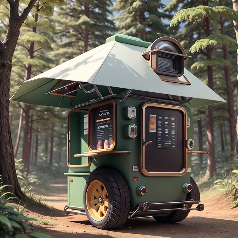 Nice coffee cart，inspired by:【Nissan B14 Lucino】，high detail，32K Ultra Hi-Vision，Industrial Design Product Design Futuristic Design，Running through the forest，A hyper-realistic，Extremely detailed details，Lateral face，Side view