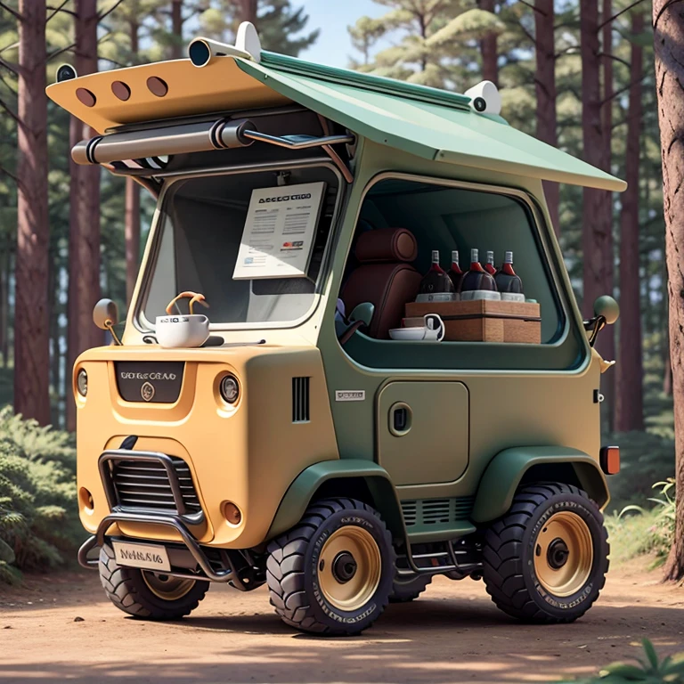 Nice coffee cart，inspired by:【Nissan B14 Lucino】，high detail，32K Ultra Hi-Vision，Industrial Design Product Design Futuristic Design，Running through the forest，A hyper-realistic，Extremely detailed details，Lateral face，Side view