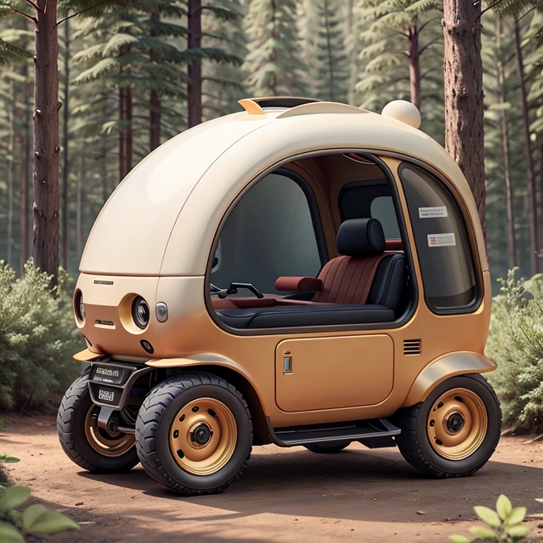 Nice coffee cart，inspired by:【Nissan B14 Lucino】，high detail，32K Ultra Hi-Vision，Industrial Design Product Design Futuristic Design，Running through the forest，A hyper-realistic，Extremely detailed details，Lateral face，Side view