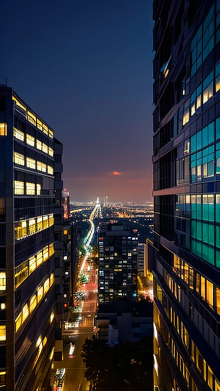 End of the dayを象徴する静かな夜景。 picture: Night City、Starry Sky、A scene where the lights of an office building go out。 atmosphere: End of the day、Anticipation for the next day。
