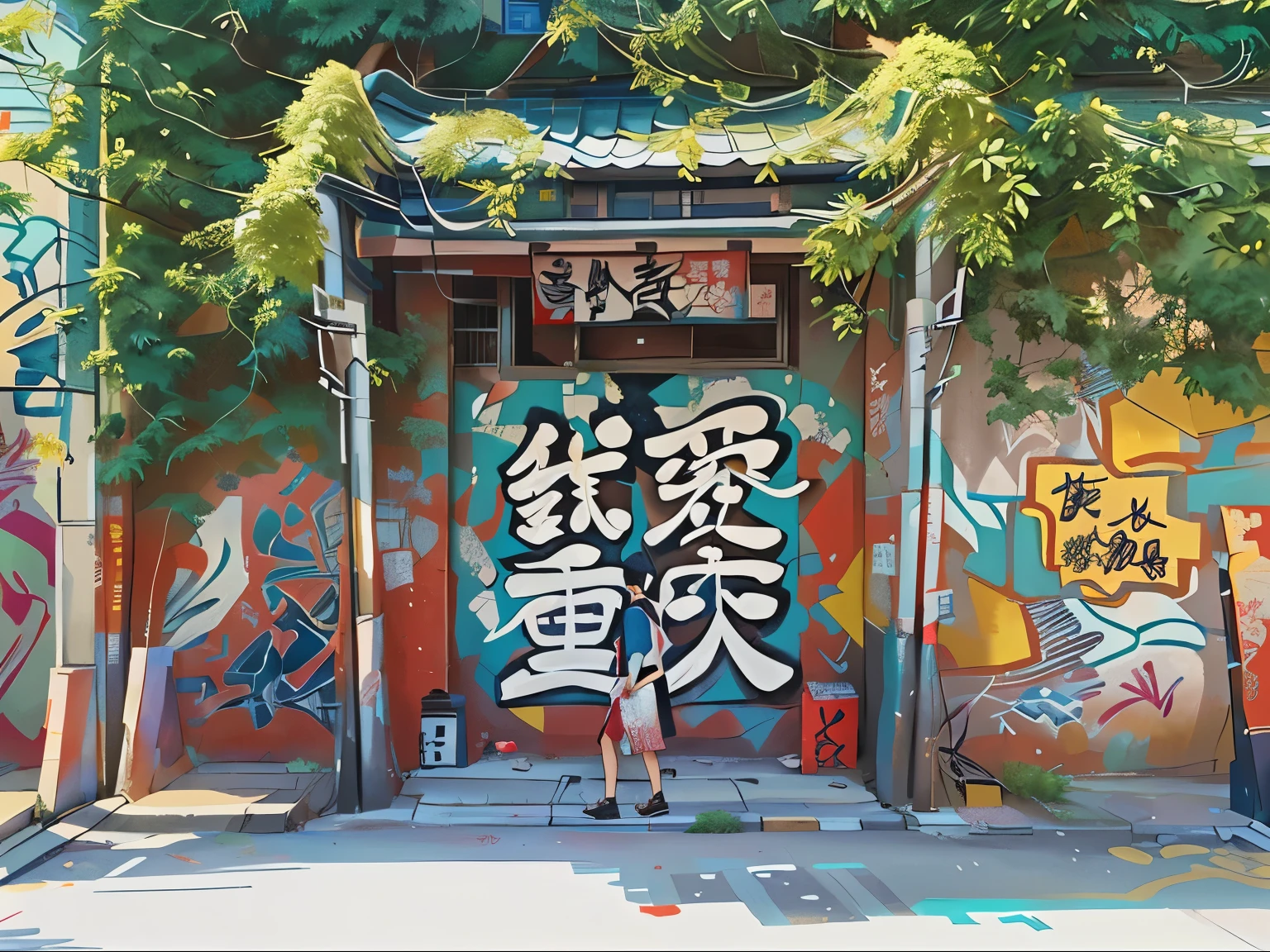 Graffiti覆盖的建筑物，There is a person standing in front, like jiufen, Graffiti on the walls, Located in Chippendale, Sydney, 背景中的Graffiti, 背景中的Graffiti, painted on a huge wall, Tokyo murals, 墙上的Graffiti, Street art, Street art:2, Graffiti on the wall, Graffiti, In an alley, 有Graffiti的墙