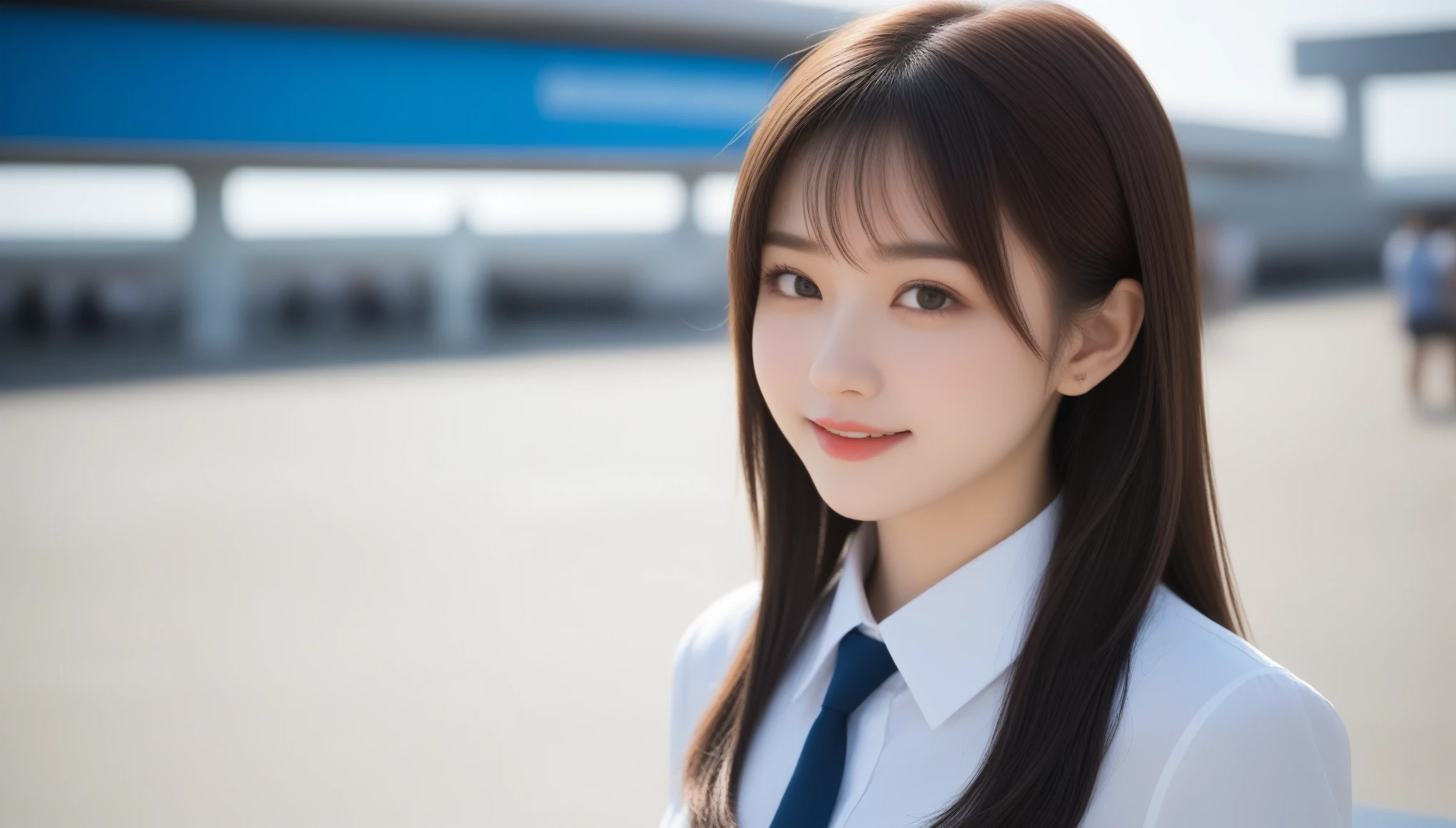 8k, 超High resolution, highest quality, masterpiece, Surreal, photograph, 1 girl, (18-year-old:1.3), pretty girl, Cute Face, Beautiful eyes in every detail, 細かくdetailedに,(Tabletop:1.3), High resolution, 超detailedな, 非常にdetailedな CG Unity 8K 壁紙, Realistic, Photorealistic, RAWphotograph, 美しくdetailedな顔, Pale skin, Realistic skin, detailedな布の質感, detailedな髪の質感, Perfect Proportions, Beautiful Face, Accurate, Anatomically correct, 非常にdetailedな顔と肌の質感, Natural neck length, (Beautiful Hands), (Fair skin:1.2), Thin legs, Thin legs, Sexy thighs, break, Fine grain, Symmetrical eyes, Light brown eyes, double eyelid, Thin eyebrows, (Glossy lips:1.4), (Cute smile:1.2), break, (上品でpretty girl:1.3), (Wearing the elegant flight attendant uniform of Japan Airlines:1.2), (Close button:1.1), (Medium large breasts), (Slim figure), (Beautiful curves), (Dark brown hair, Wavy Hair), ((short hair, Asymmetrical bangs:1.2)), (Upper Body Shot:1.2), (View Viewer:1.2), (From the side), break, ((Stand on the jet bridge with a business card in front of your waist:1.1)), (Okinawa Naha Airport:1.2),、See through 、Looking at the audience、beauty,Long neck、Smile a little、Please close your mouth and laugh、(((Ideal body type))),A-cup small breasts :2,、Portraiture:2、Perfect Anatomy、鮮明なdetailed、detailed、Surreal、Light and shadow,Strong light,Fashion magazine cover,Thin lips