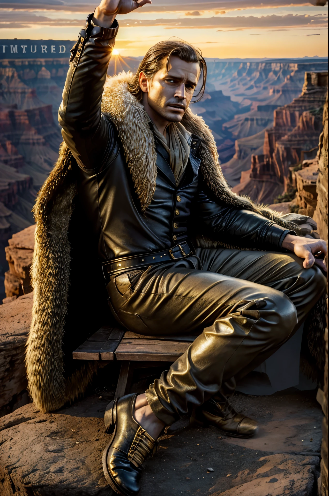 masterpiece, best quality, extremely detailed, hyperrealistic, photorealistic, a cool 40s man, ultra detailed face:1.2, fur-trimmed coat, scarf around the neck, his left hand is a golden pirate hook, cigar, sitting on the edge of a cliff, her feet in the air, grand canyon, united states, gold at sunset:1.1