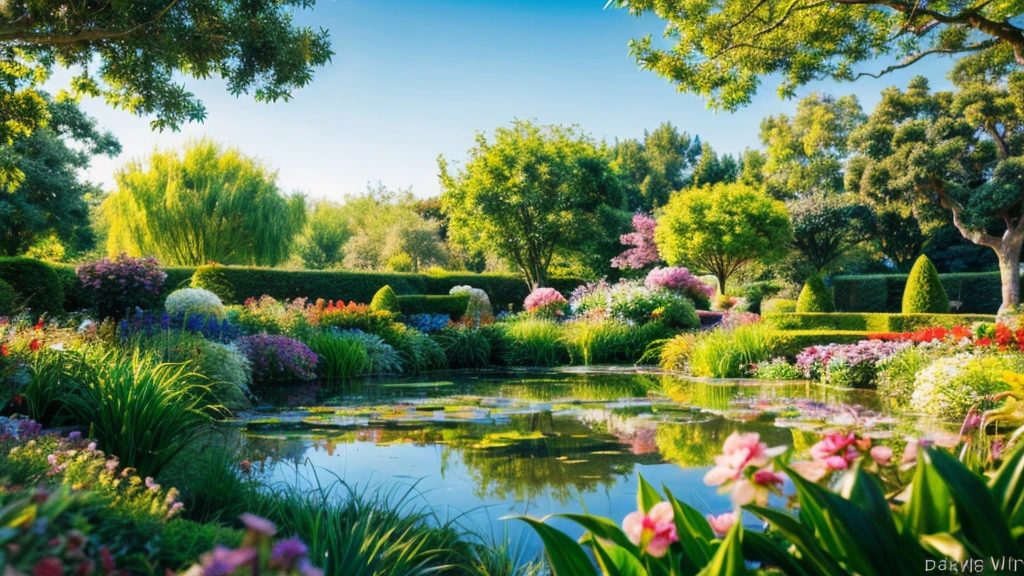 (best quality,4k,8k,highres,masterpiece:1.2),ultra-detailed,(realistic,photorealistic,photo-realistic:1.37),Monet style,beautiful garden,girl sitting by the pond,peaceful atmosphere,gorgeous flowers,soft sunlight,rippling water,serene reflection,impressionistic brushstrokes,vibrant colors,fleeting moments,subtle blending,nature's beauty,ethereal ambiance,harmonious composition,lively textures,tranquil setting,leafy trees,dainty blossoms,fresh air,dappled sunlight,hints of spring,natural serenity,calmness and tranquility,playful brushstrokes,reminiscent of Monet's garden,serenity in motion,subtle beauty,graceful presence,gentle ambiance.