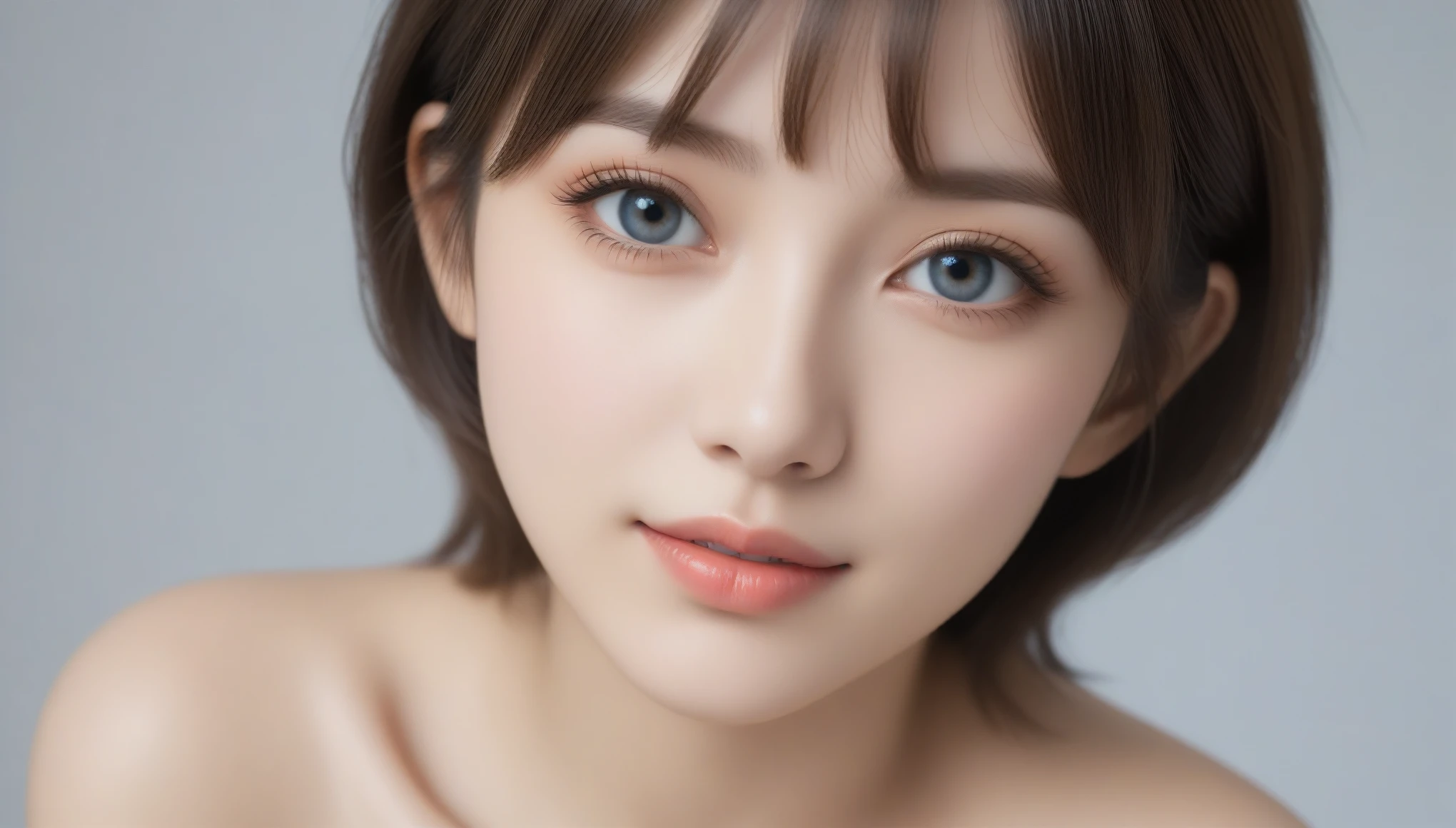 8k, 超High resolution, highest quality, masterpiece, Surreal, photograph, 1 girl, (16 years old:1.3), pretty girl, Cute Face, Beautiful eyes in every detail,masterpiece,Close-up of a woman with brown hair and blue eyes,((masterpiece, highest quality, High resolution)), 1 girl, (Realistic: 1.4), alone, White Background, snow-White Background, Mouth closed, Smile, Beautiful black hair, short hair, Big eyes, Transparent double eyelids, eyelash, Listen carefully, Absolute area, ((Face close-up)), (Draw the whole head, shoulder), 30 years old, Attractive proportions, Shiny skin, Beautiful collarbone, A face of golden proportions, Perfect Face, Teardrop-shaped moles, Mole on chest, bangs, clean bangs, beautiful bangs, Lip gloss, Thin lips, Pale skin, naked, Small breasts, Small face, All the heads are painted, shoulder all drawn, Look slightly up and into the camera 、Looking at the audience、beauty,Long neck、Smile a little、Please close your mouth and laugh、(((Ideal body type))),A-cup small breasts :2,Perfect Anatomy、鮮明なdetailed、detailed、Surreal、Light and shadow,Strong light,Fashion magazine cover,Thin lips