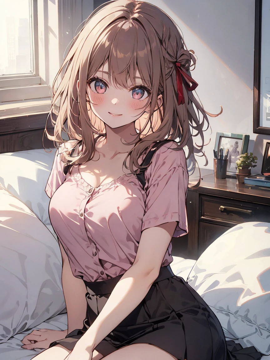 masterpiece、highest quality、Super detailed、An illustration、Beautiful detailed eyes、One girl、Detailed bedroom scene、Lying in bed、19 years old、Light pink wavy hair、Hair Ribbon、visible stomach、Unbuttoned chemise、Short chemise、Short sleeve、、、Full face blush、Long brown hair、smile、Loose Fit T-Shirt、mini skirt