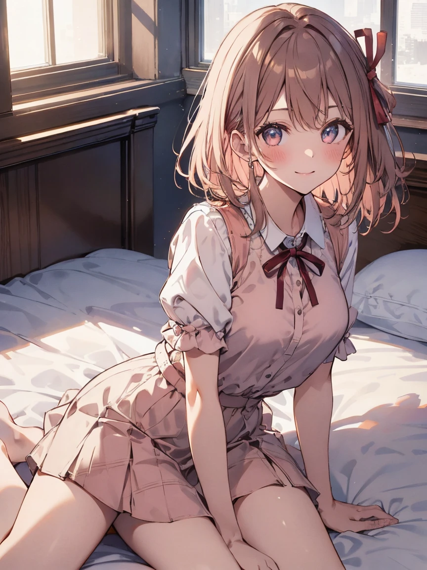 UHD、masterpiece、highest quality、High resolution、4K、8k、An illustration、Beautiful detailed eyes、One Girl、Detailed bedroom scene、Lying in bed、19 years old、light pink wavy hair、Hair Ribbon、visible stomach、Unbuttoned chemise、Short Chemise、Short sleeve、Brown long hair、smile、Loose fit T-shirt、mini skirt