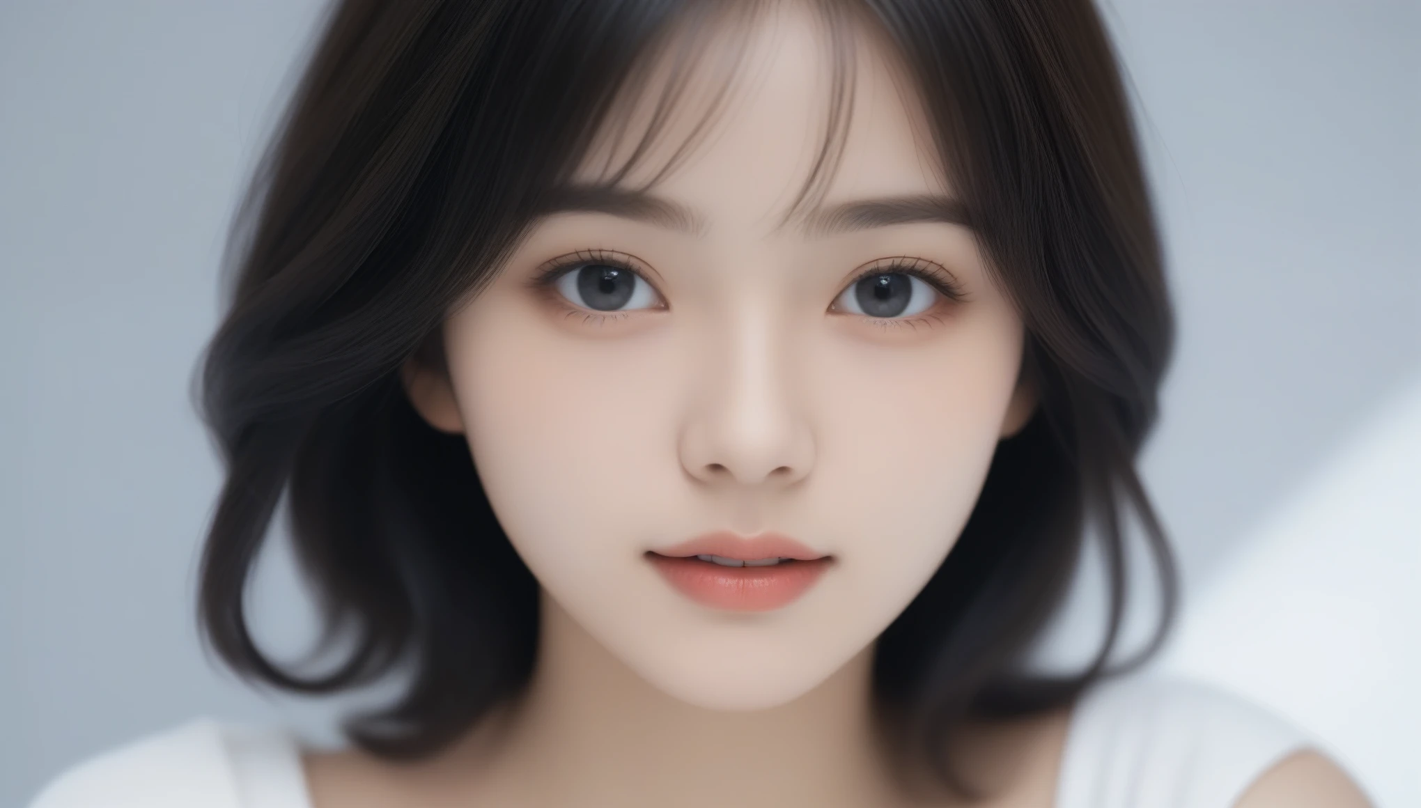 8k, 超High resolution, highest quality, masterpiece, Surreal, photograph, 1 girl, (:1.3), pretty girl, Cute Face, Beautiful eyes in every detail,masterpiece,Close-up of a woman with brown hair and blue eyes,((masterpiece, highest quality, High resolution)), 1 girl, (Realistic: 1.4), alone, White Background, snow-White Background, Mouth closed, Smile, Beautiful black hair, short hair, Big eyes, Transparent double eyelids, eyelash, Listen carefully, Absolute area, ((Face close-up)), (Draw the whole head, shoulder), 30 years old, Attractive proportions, Shiny skin, Beautiful collarbone, A face of golden proportions, Perfect Face, Teardrop-shaped moles, Mole on chest, bangs, clean bangs, beautiful bangs, Lip gloss, Thin lips, Pale skin, naked, Small breasts, Small face, All the heads are painted, shoulder all drawn, Look slightly up and into the camera 、Looking at the audience、beauty,Long neck、Smile a little、Please close your mouth and laugh、(((Ideal body type))),A-cup small breasts :2,Perfect Anatomy、鮮明なdetailed、detailed、Surreal、Light and shadow,Strong light,Fashion magazine cover,Thin lips