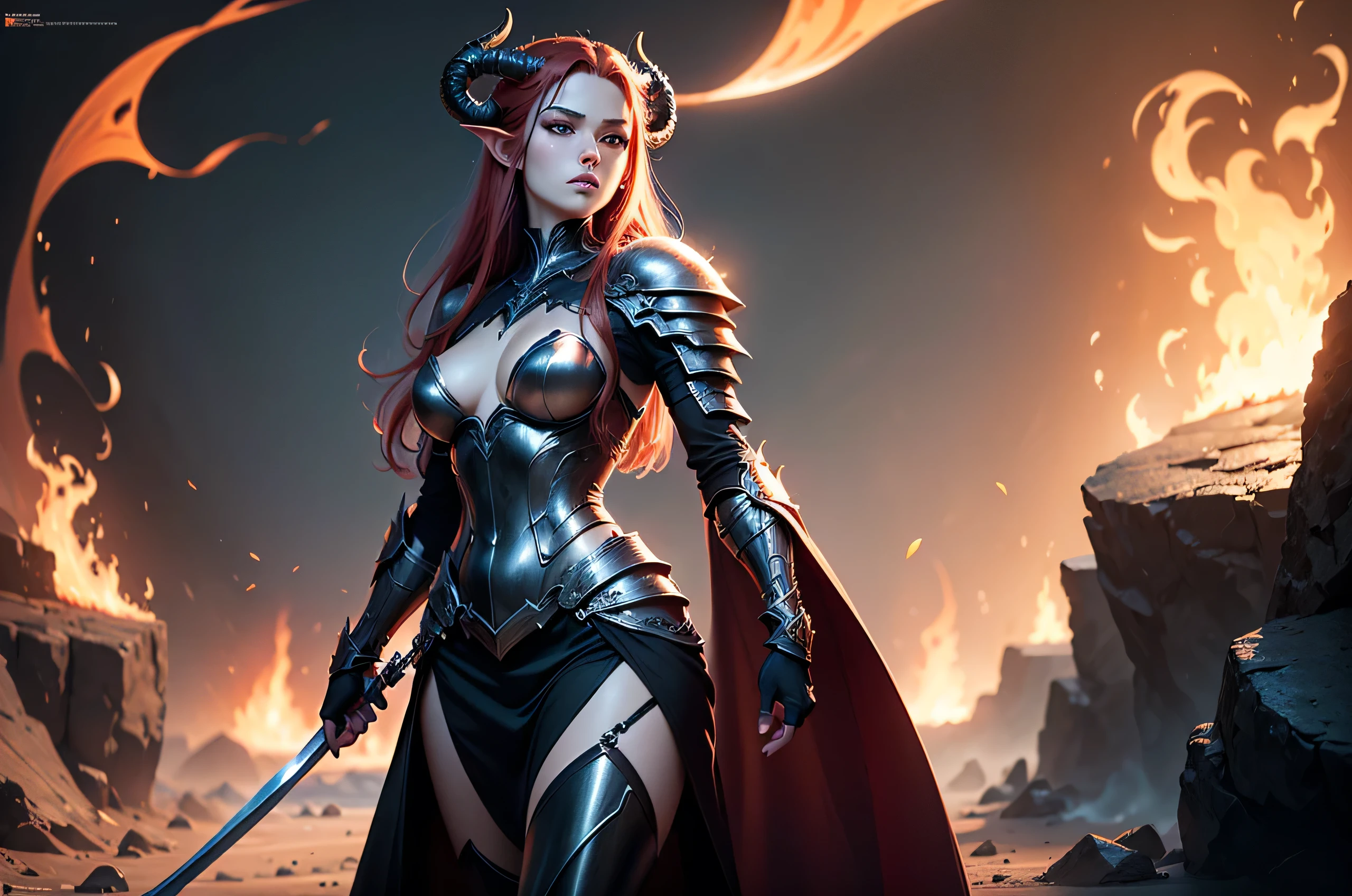 Burning landscape with running lava there standing beatiful female hell knight, she have pale skin long red hair pair of long flaming horns, pointy ears with piercing and seductive make up , she dressed in sexy black plate armor with burning pieces, and melting sword in her hand, (ultra high quality fantasy art, dafk fantasy style, masterpiece, ultra highquality character design, 8k quality anime art, realistic anime art, top quality wallpaper illustration, detailed ultra high quality acurate face, highquality design and acurate physic)