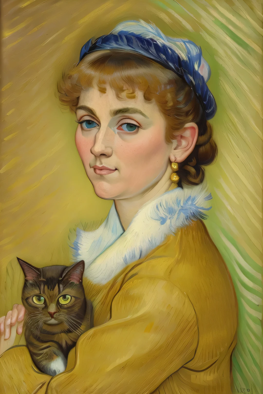 oil painting of woman holding a cat in the style of van gogh, (best quality,4k,8k,highres,masterpiece:1.2),ultra-detailed,(realistic,photorealistic,photo-realistic:1.37), classical art, detailed fur texture, vivid colors, piercing eyes, delicate brushstrokes, Renaissance atmosphere, soft lighting, timeless elegance, aged canvas effect, charming pose, intricate details, fine craftsmanship, realistic facial features, mysterious expression, seamless blending of colors, graceful posture, art historical tribute