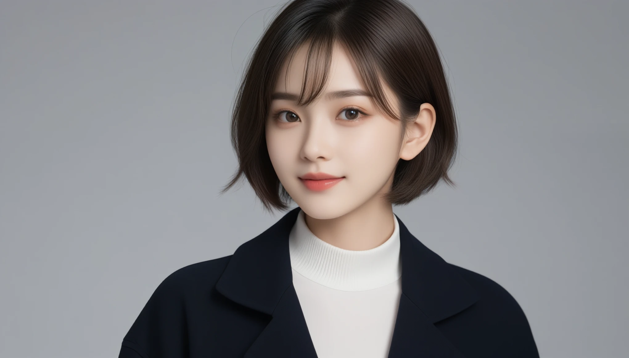 8k, Ultra-high resolution, highest quality, masterpiece, Surreal, photograph, 1 girl, (16 years old:1.3), pretty girl, Cute Face, Beautiful eyes in every detail,masterpiece,Japanese, 超detailed, Realistic texture, 8k, photograph, Transparent Background, Elegant woman, 超detaileded skin, Beautiful face and eyes in every detail, The audience watching, short hair, Upper Body, Jacket 、Looking at the audience、beauty,Long neck、Smile a little、Please close your mouth and laugh、(((Ideal body type))),A-cup small breasts :2,Perfect Anatomy、鮮明なdetailed、detailed、Surreal、Light and shadow,Strong light,Fashion magazine cover,Thin lips