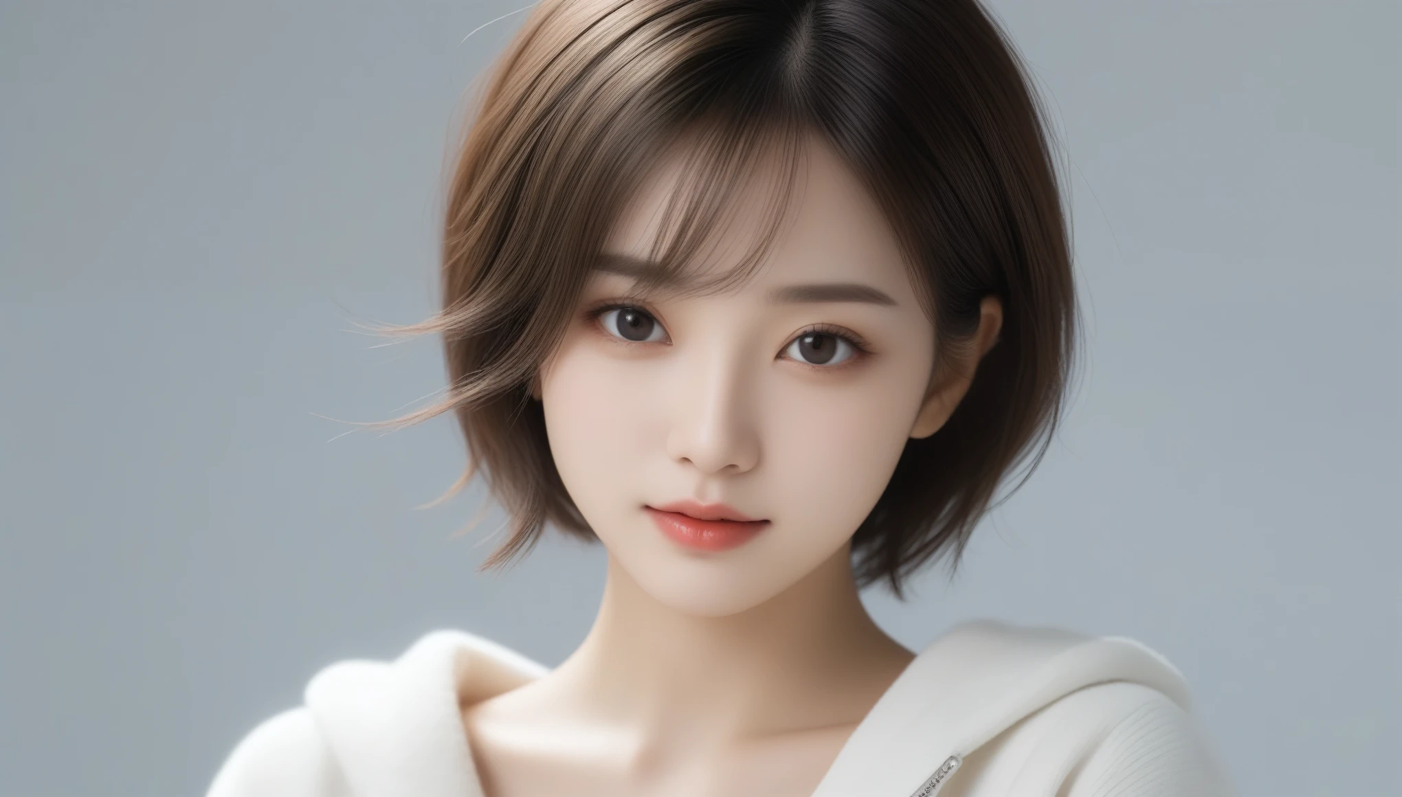 8k, Ultra-high resolution, highest quality, masterpiece, Surreal, photograph, 1 girl, (:1.3), pretty girl, Cute Face, Beautiful eyes in every detail,masterpiece,Japanese, 超detailed, Realistic texture, 8k, photograph, Transparent Background, Elegant woman, 超detaileded skin, Beautiful face and eyes in every detail, The audience watching, short hair, Upper Body, Jacket 、Looking at the audience、beauty,Long neck、Smile a little、Please close your mouth and laugh、(((Ideal body type))),A-cup small breasts :2,Perfect Anatomy、鮮明なdetailed、detailed、Surreal、Light and shadow,Strong light,Fashion magazine cover,Thin lips