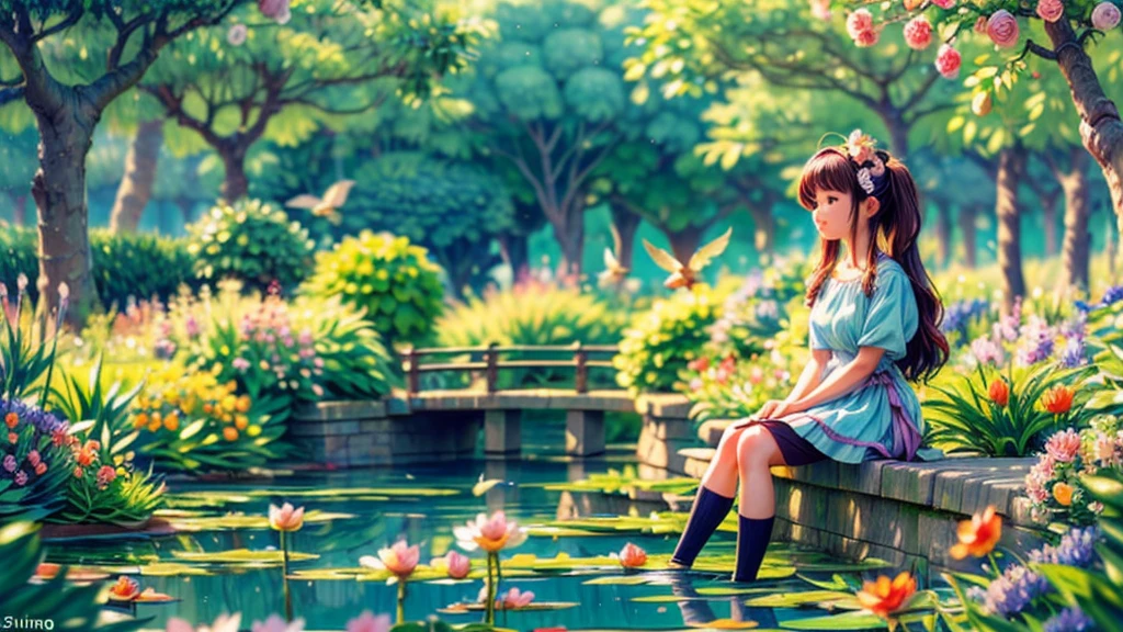 (monet,-1.2),(impressionist,-1.2),(beautiful garden,flowers,trees,greenery,serene atmosphere),(peaceful pond,rippling water,reflections),(girl sitting by the pond,relaxed posture),(detailed eyes,rosy lips,graceful features),(long flowing hair,breezy),(colorful palette,soft brush strokes),(sun-kissed,warm color tones),(natural lighting,soft shadows),(best quality,highres),(vivid colors,dreamy atmosphere)