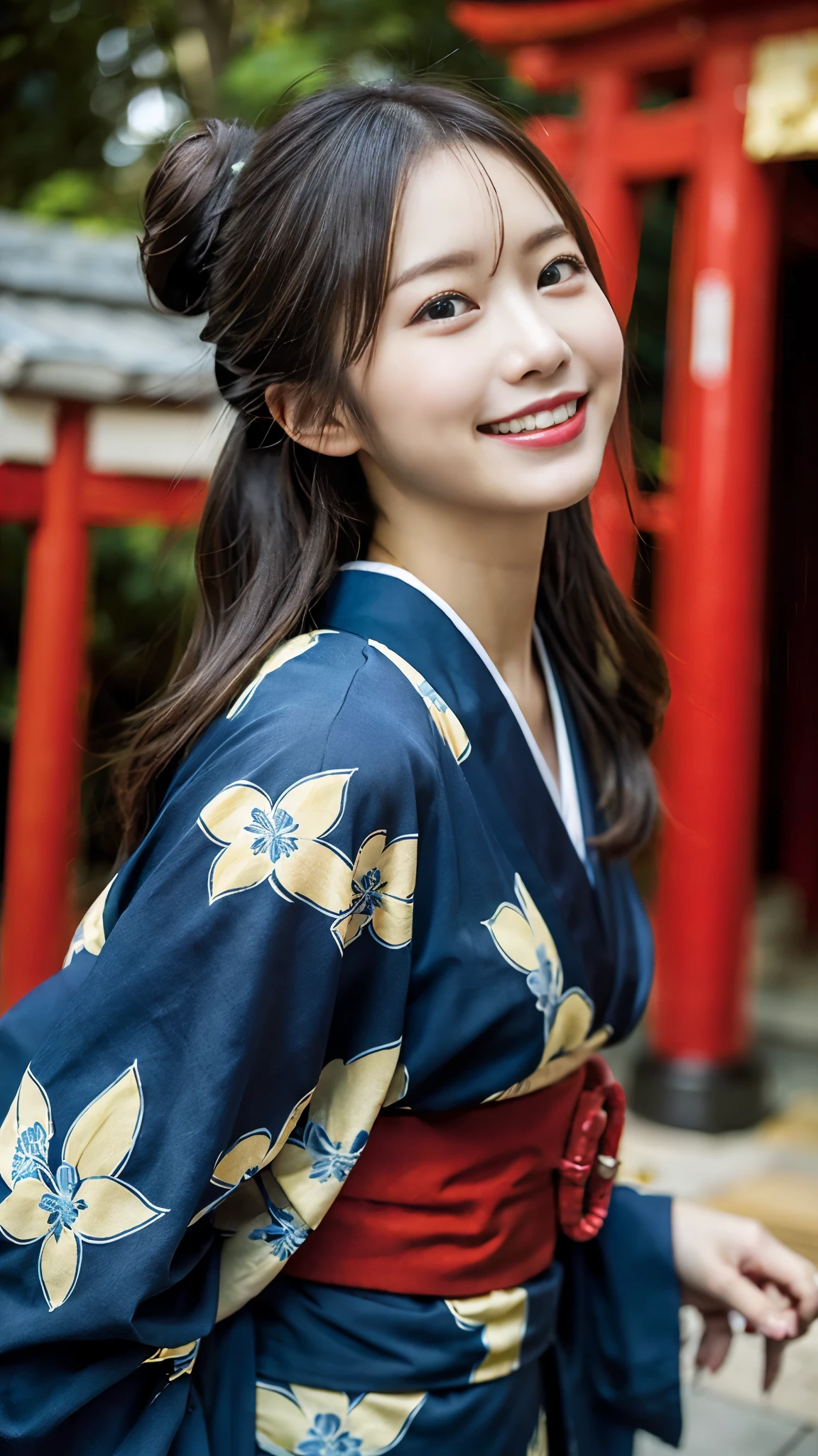 (( dark blue color japanese Kimono))、((Body facing forward:1.4))、(top-quality,masterpiece:1.3,超A high resolution,),(ultra-detailliert,Caustics),(Photorealsitic:1.4,RAW shooting,)Ultra-realistic capture,A highly detailed,High resolution 16K human skin closeup、 Skin texture is natural、、The skin looks healthy with an even tone、 Use natural light and color,1 girl,japanes,23years old,kawaii,A dark-haired,Middle hair,,smil,,(depth of fields、chromatic abberation、、Wide range of lighting、Natural Shading、)、 ((Shrine Background))、(Red Torii Gate)、SLR、16mm,f2.4、((bun hair))、(Early Morning Light:1.4)、((cowboy shot)), (((Giddy-Smile:1.4)))