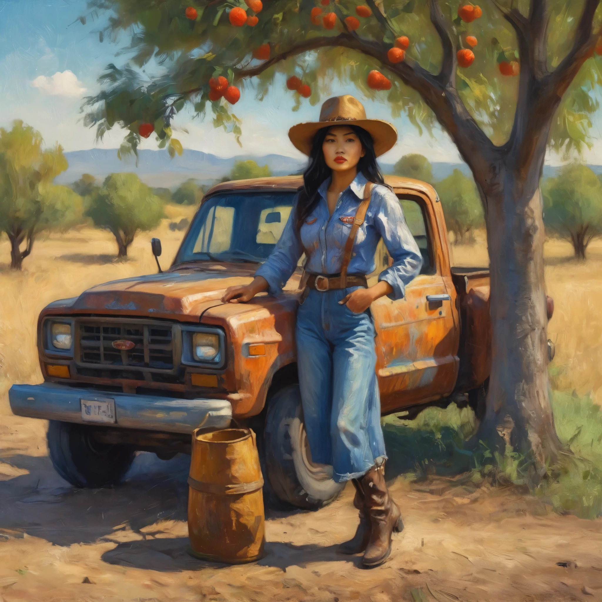 A Malaysian woman dressed like a cowgirl,leaning against her beaten up pickup truck stopped next to a jujube tree,impressionist painting style of claude monet,best quality,4k,8k,highres,masterpiece:1.2,ultra-detailed,realistic,photorealistic:1.37,traditional oil painting,floral pattern on her dress,wide-brimmed hat,leather boots,dusty road in the background,sunny and warm lighting,vivid colors,blurry background,soft brushstrokes with visible texture.