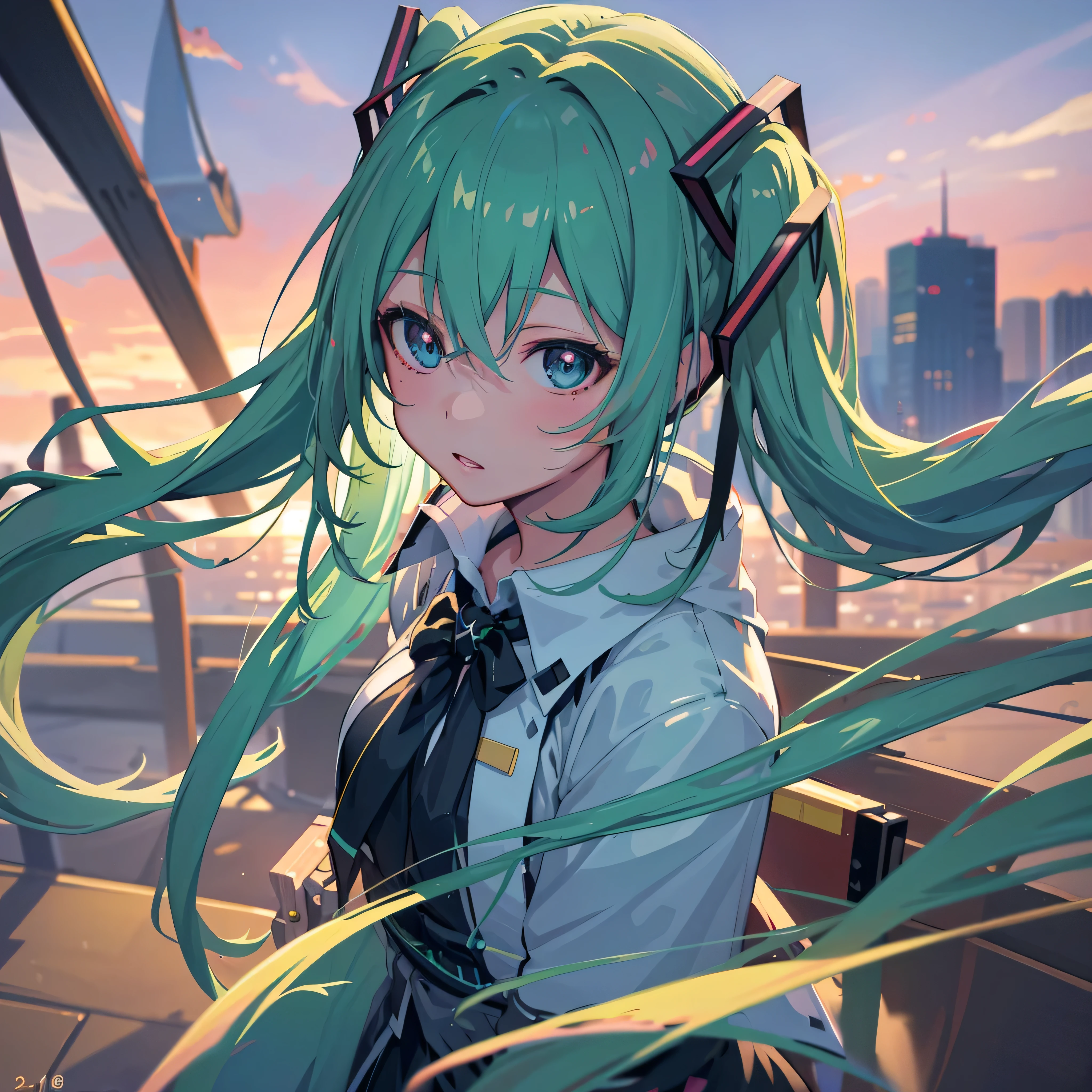 Hatsune Miku, Anime Art, Lovers
(best quality: 4k, 8k, highres, masterpiece: 1.2), ultra-detailed
(realistic, photorealistic, photo-realistic: 1.37), vibrant colors,
gorgeous lighting, happy atmosphere, beautiful detailed eyes,
beautiful detailed lips, glowing hair, fashionable clothing,
HDR, UHD, studio lighting, ultra-fine painting, sharp focus,
physically-based rendering, extreme detail description, professional,
portraits, anime, love, peaceful, city backdrop, colorful sky,
exquisite details,