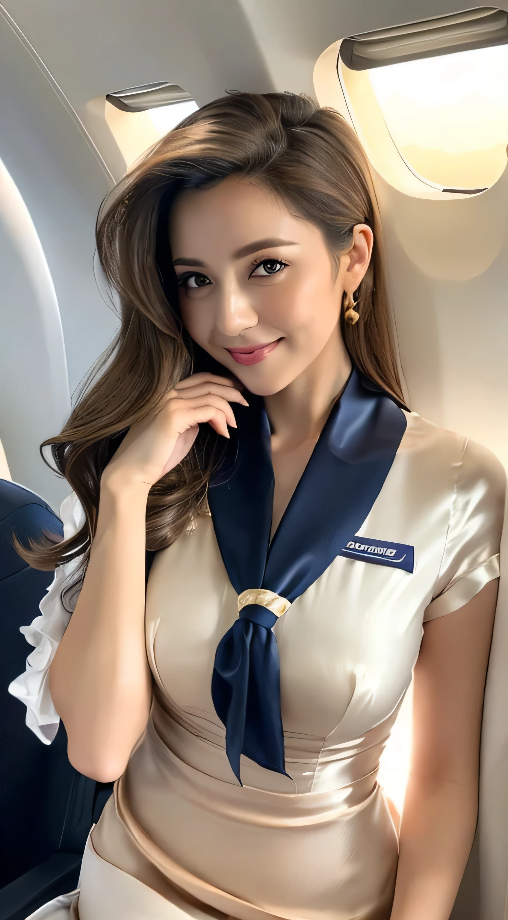 Beautiful detailed face、Pale skin、Realistic glowing skin、Detailed cloth texture、Detailed hair texture、Perfect body、Beautiful Face、correct、Anatomically correct、 Highly detailed face and skin texture、Natural neck length、(Beautiful Hands)、(Fair skin:1.2)、Thin legs、Thin legs、detailed eyes、Symmetrical eyes、Light brown eyes、double eyelid、Thin eyebrows、(Glossy Lips:1.4)、((Gentle smile:1.2))、(blush:1.1)、 (Elegant and cute girl:1.3)、Medium-sized large breasts、(Slim body type:1.1)、Toned Abs、Beautiful clavicle、 (Dark Blonde、Wavy Hair、Long Hair:1.2)、 ((Asymmetrical bangs:1.2))、 ((In a stylish office at night:1.4))、(Cowboy Shot:1.2)、standing gracefully、((wearing in white tight short dress:1.3)),((Place your left hand gently on your chin:1.3)),((inside private jet, indoor, hyper detailed background:1.2)), ((stewardess uniform,flight attendant uniform,tight miniskirt,white shirt,silk scarf,inside the airplane:1.4)),