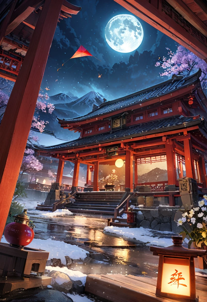 ancient chinese landscape, ((hot spring)), (heavy snow), (fire Fly), (Paper Kite), (Midnight), (moon), Shrine at the top of the mountain, ((flower)), Beautiful views, Realistic lighting, masterpiece, high quality, Beautiful graphics, Attention to detail,