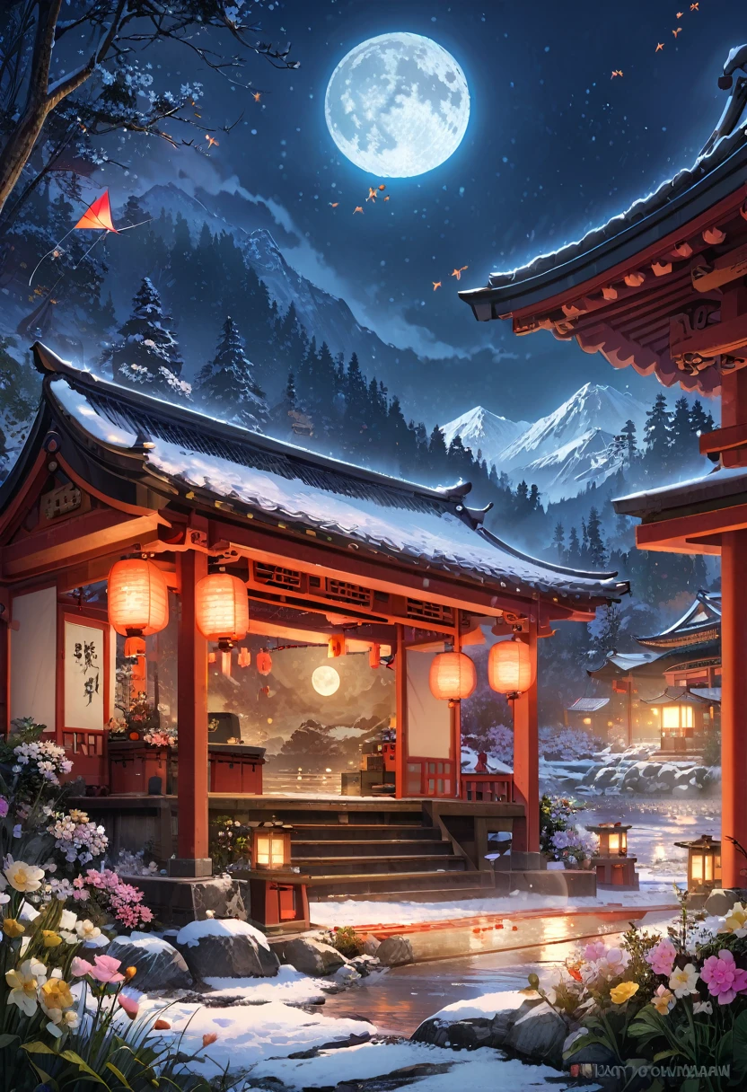 ancient chinese landscape, ((hot spring)), (heavy snow), (fire Fly), (Paper Kite), (Midnight), (moon), Shrine at the top of the mountain, ((flower)), Beautiful views, Realistic lighting, masterpiece, high quality, Beautiful graphics, Attention to detail,