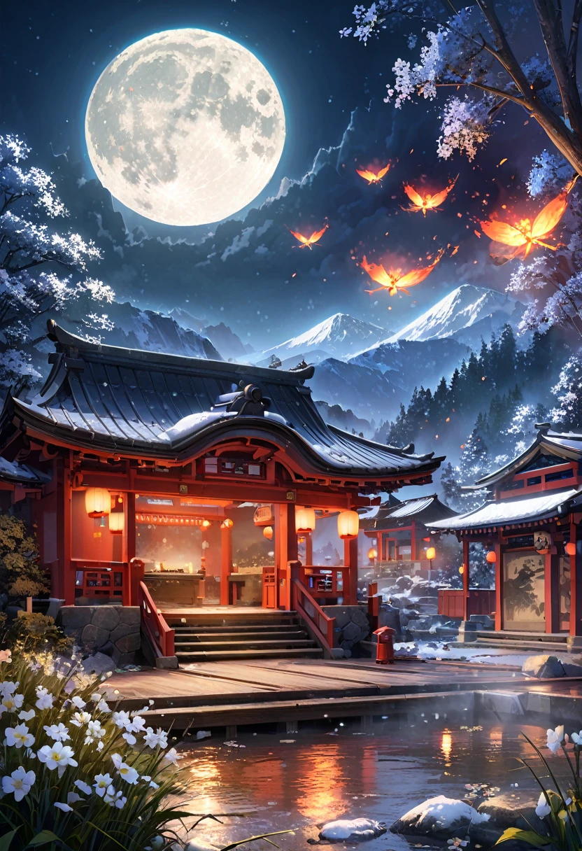 ancient chinese landscape, ((hot spring)), (heavy snow), (fire Fly), (Paper Kite), (Midnight), (moon), Shrine at the top of the mountain, ((flower)), Beautiful views, Realistic lighting, masterpiece, high quality, Beautiful graphics, Attention to detail,