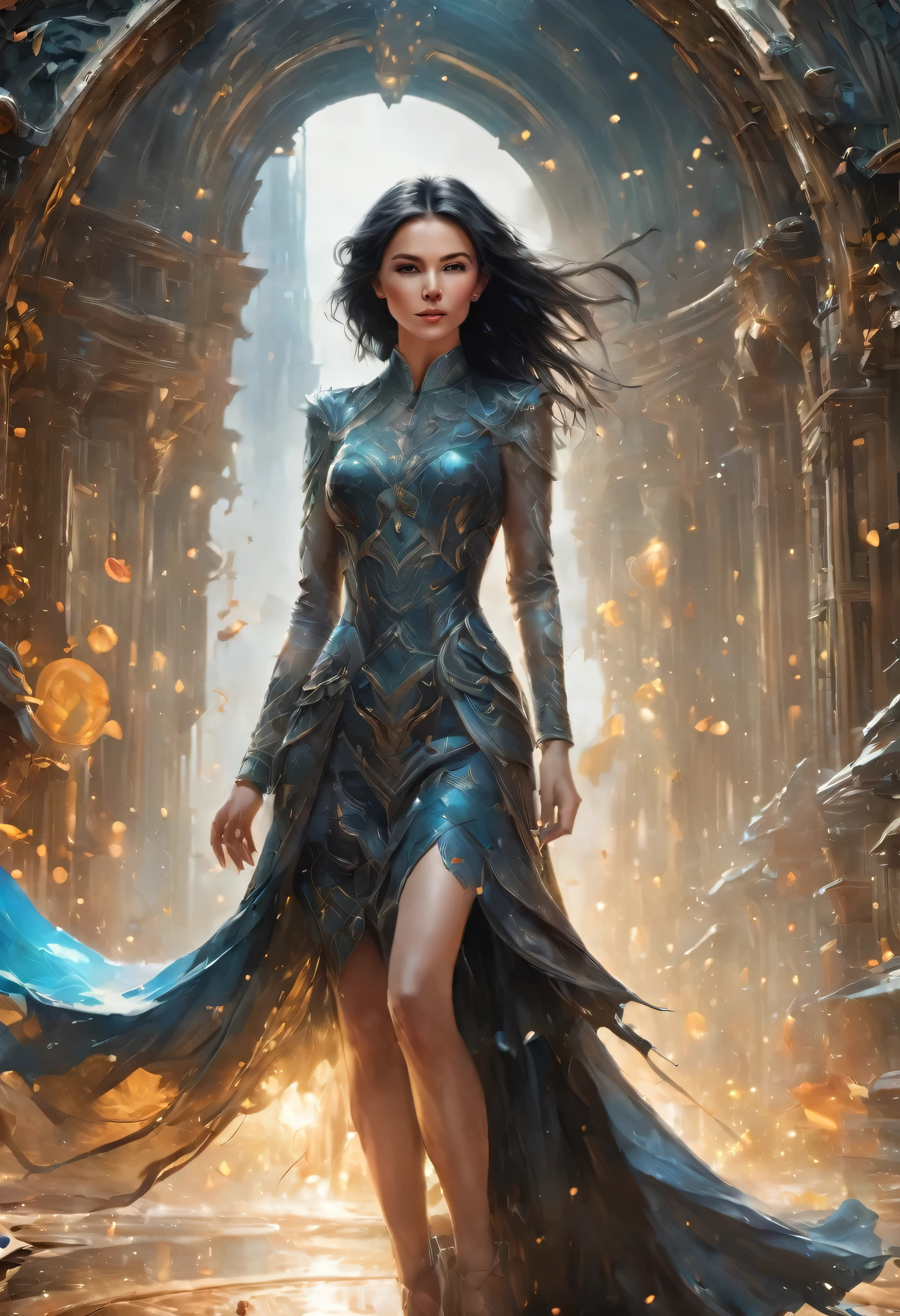 "A charming woman, with an elegant posture and incomparable beauty, wearing prescription glasses. Her soft dimples and realistic expression lines add authenticity. Her skin is illuminated by the sun's rays, highlighting her beauty. Wearing long, sophisticated clothes. In the background, a local with a rustic structure with multiple entrances, almost in ruins, surrounded by dense and branched vegetation. To capture this extraordinary scene, a high-resolution camera is required, such as the Phase One XF IQ4 150MP. capture light in harsh conditions. Diffuse natural lighting, minimizing harsh shadows. Camera settings include medium aperture, adjusted shutter speed, and a high-quality wide-angle lens with a focal length of approximately 35mm to capture the entire scene. in an immersive way. Sharp, precise details are captured, from wavy hair to complex clothing patterns, ensuring a natural and stunning image. "